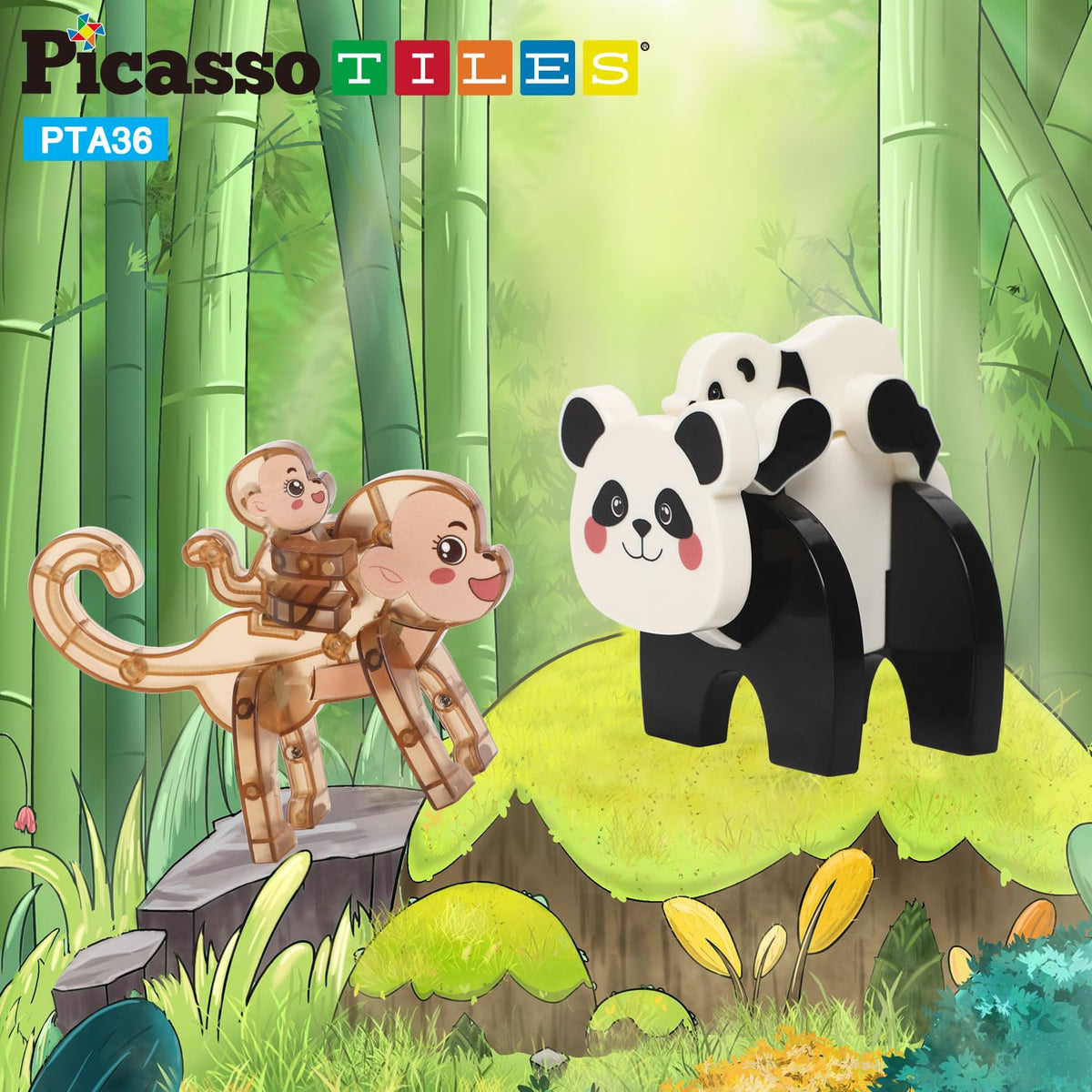PicassoTiles Magnetic Build a Panda & Monkey Set Magnet Tile Blocks Add-on Expansion Pack, with Panda, Cub, Monkey & Baby Monkey Preschool Learning
