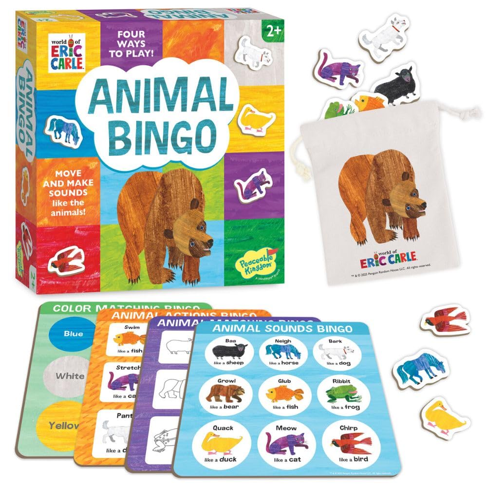 World of Eric Carle: Animal Bingo Game - Wooden Toddler Bingo Set Featuring Brown Bear - Learn Animal Sounds, Movements, Colors & Matching - Preschool