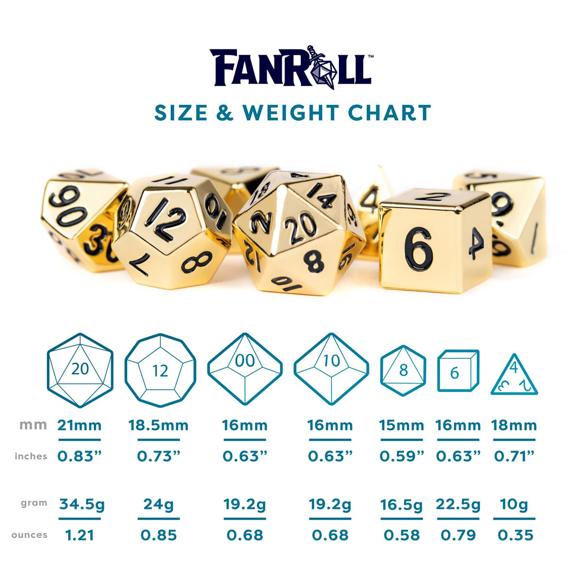 Metal Dice Polyhedral Set of 7 die (7) Gold