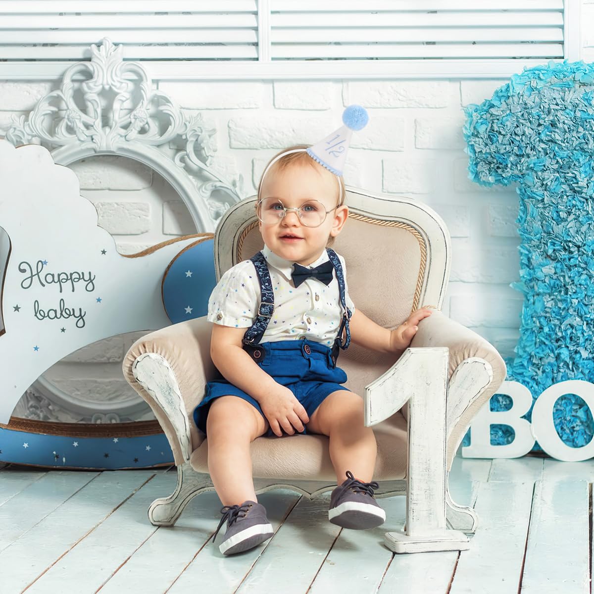 Kaniwati Boy 1/2 Birthday Party Crown, Blue half Hat,1/2 Birthday Embroidered Party Hat, Blue baby Decoration (BLUE-1/2-CXMZ)