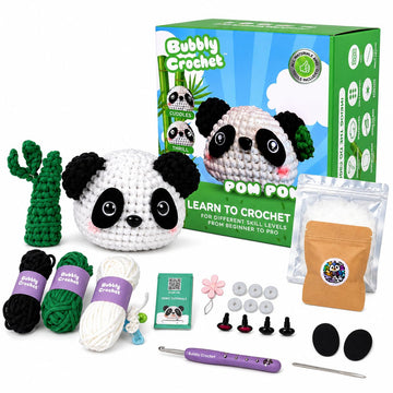 Bubbly Crochet Pom Pom the Panda Beginner Crochet Kit - DIY Plush with Custom Eyes & Bamboo Accent, Guided Tutorials & All-in-One Tools - Amigurumi