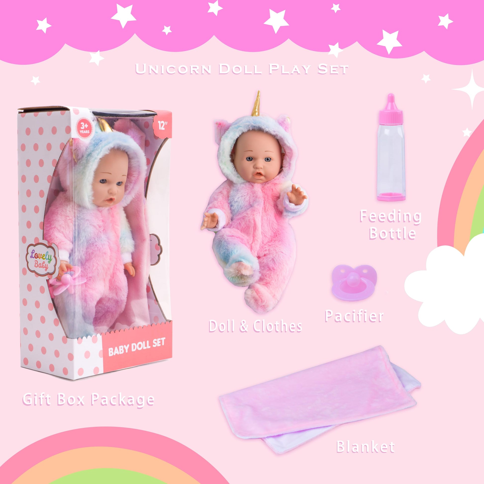 sweet dolly 12 Inch Baby Dolls with Unicorn Clothes Feeding Play Set
