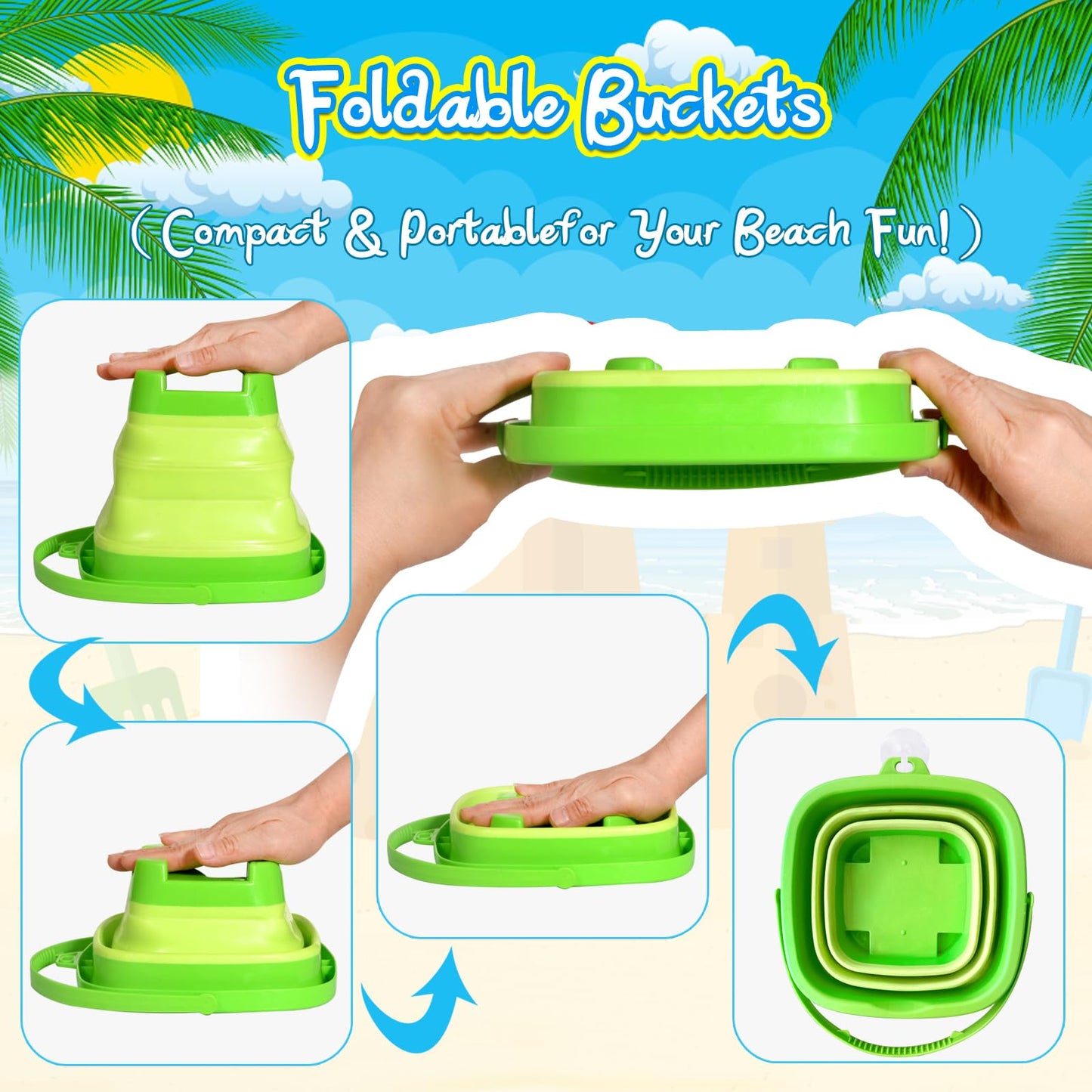 PUBUBLLE Collapsible Beach Sand Toys for Kids Toddlers,Travel Beach Toys with 3 Collapsible Sand Buckets,Shovels,Mesh Bags,Sand Molds,Castle Toys