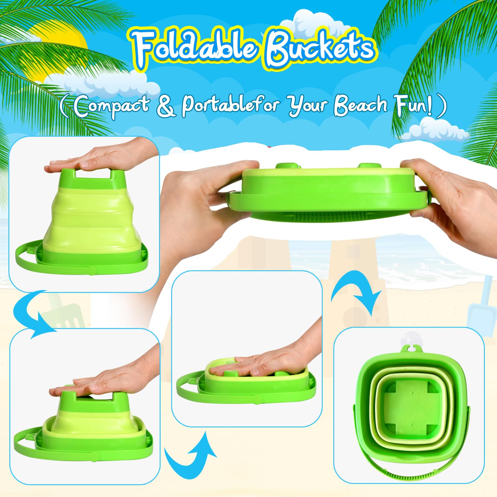 PUBUBLLE Collapsible Beach Sand Toys for Kids Toddlers,Travel Beach Toys with 3 Collapsible Sand Buckets,Shovels,Mesh Bags,Sand Molds,Castle Toys