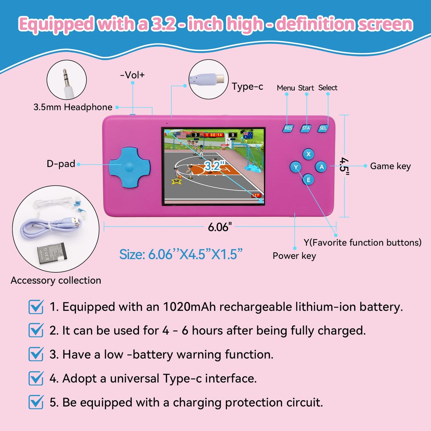 Handheld Game Console,Portable Video Game Console with Retro Games,3.2" Screen,Rechargeable Battery,Built-in Headphones and Built-in Bow Ultimate Kid