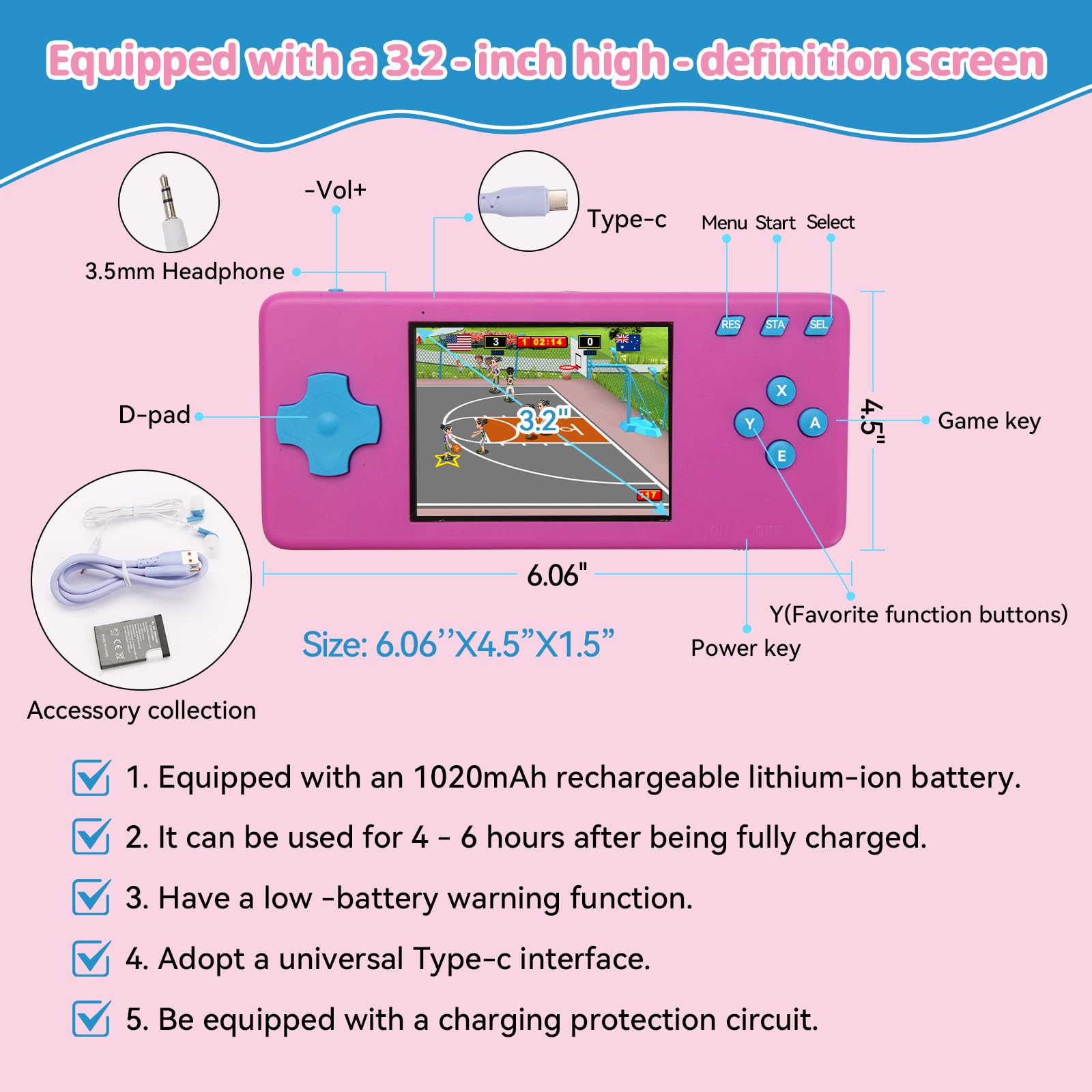 Handheld Game Console,Portable Video Game Console with Retro Games,3.2" Screen,Rechargeable Battery,Built-in Headphones and Built-in Bow Ultimate Kid