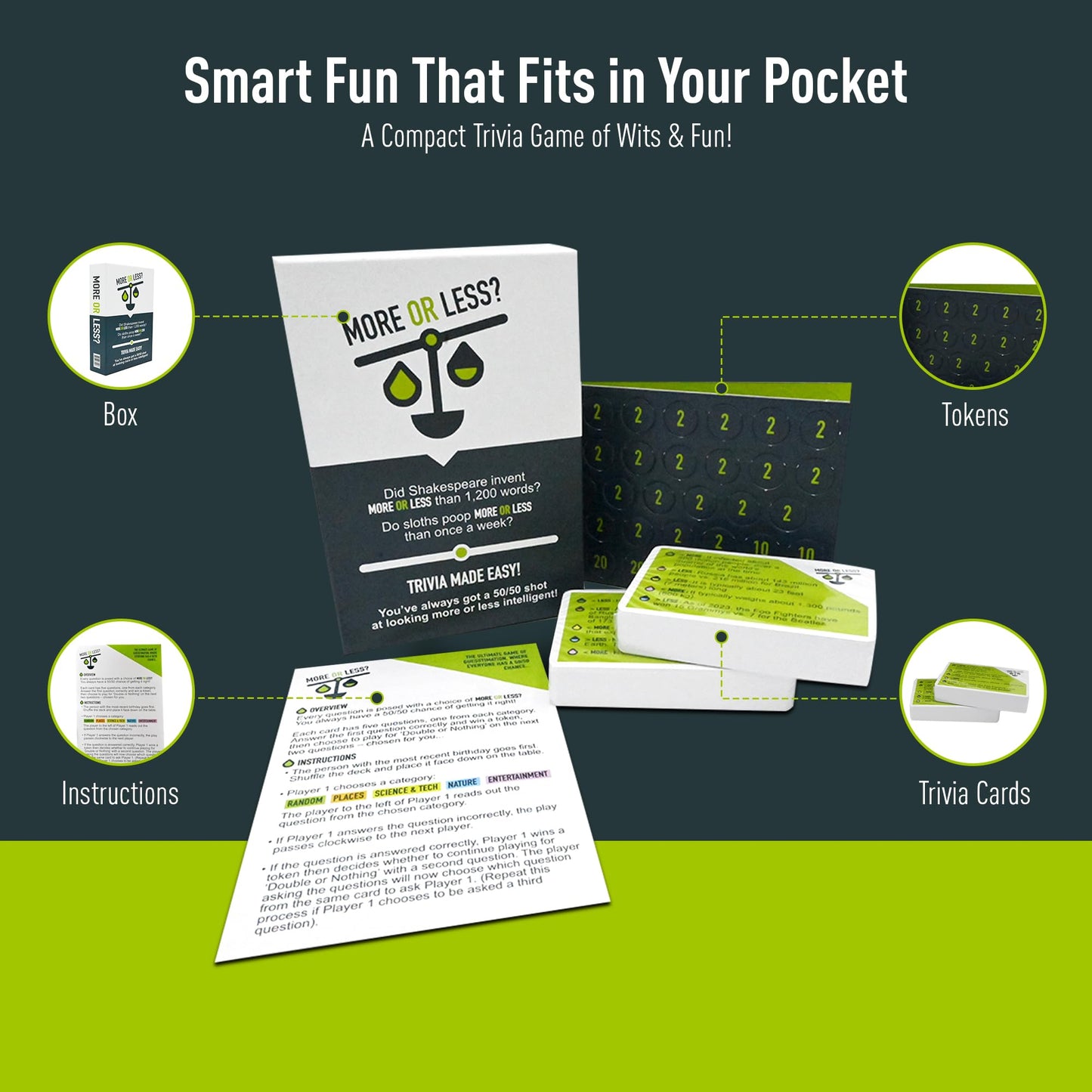 More Or Less? Trivia Card Game - Compact & Fun - Ideal for Travel, Families, Game Nights 5 Trivia Categories: Random, Places, Science & Tech, Nature