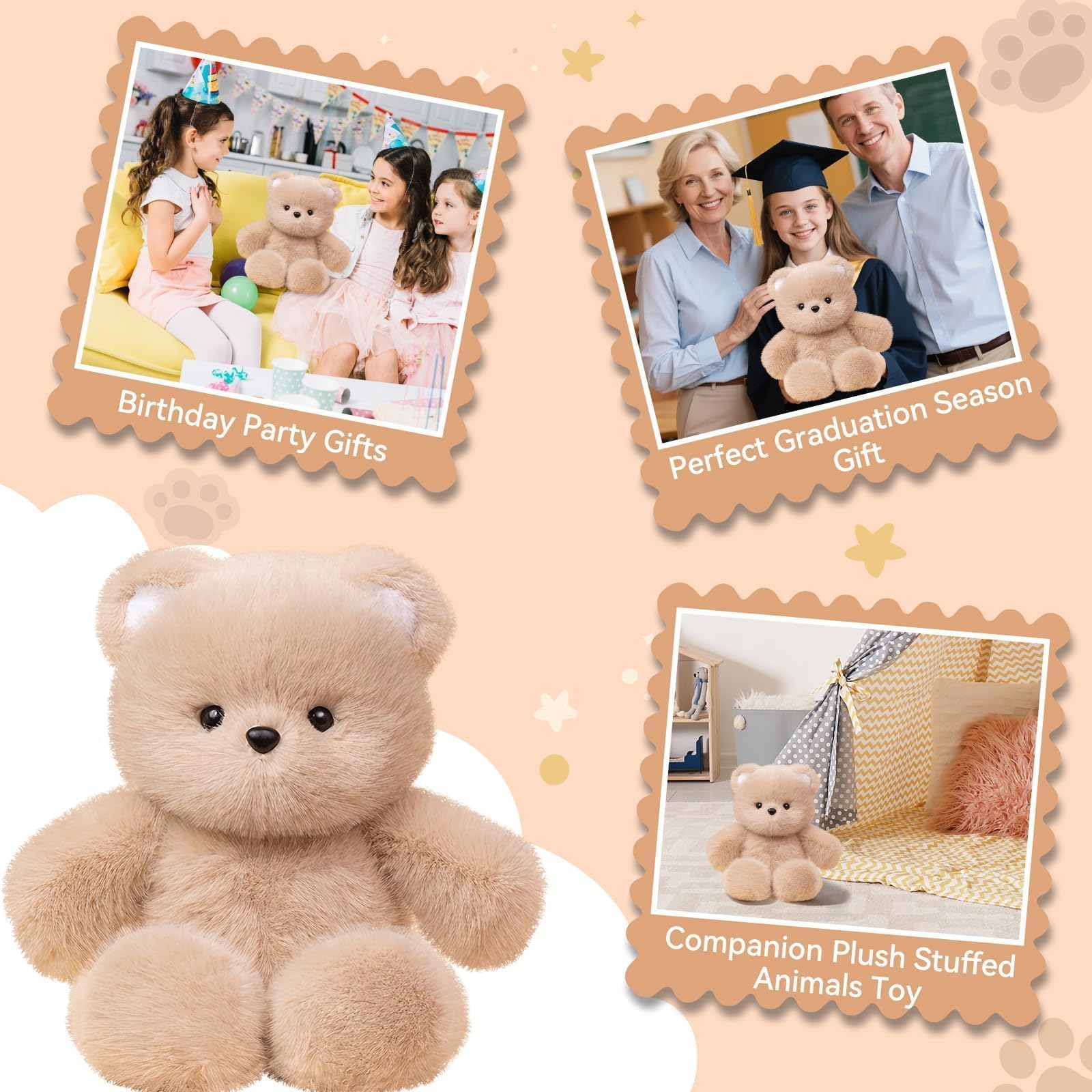 FPYWO Teddy Bear Stuffed Animal, 16 Inch Cute Plushies Huggable Brown Bear Plush Toys Birthday Gift for Girls Boys Kids