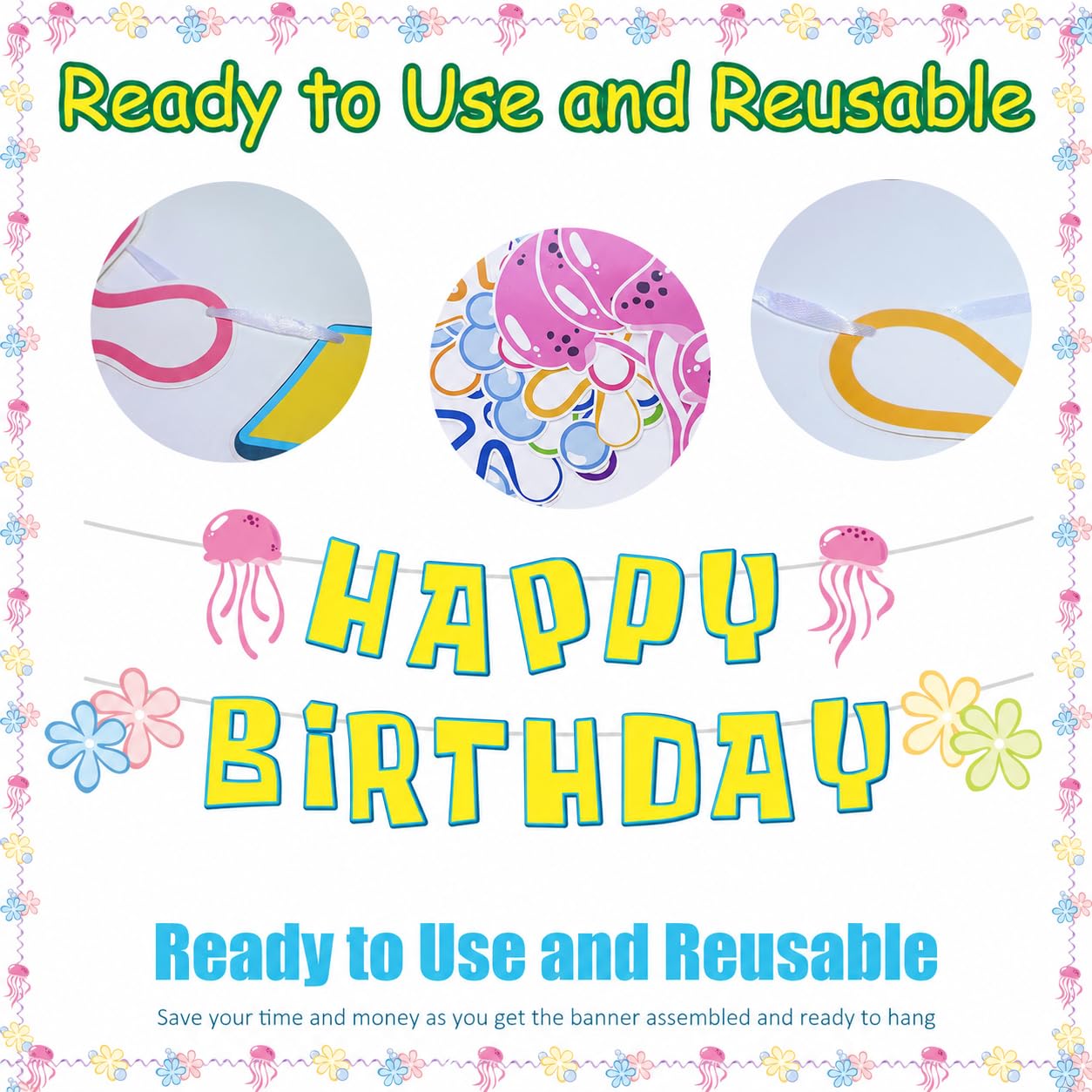 Ocean Carton Happy Birthday Banner Under The Sea Jelly Fish Hanging Swirls Garlands Sea Animals Hanging Banner for Birthday Party Decorations Supplies