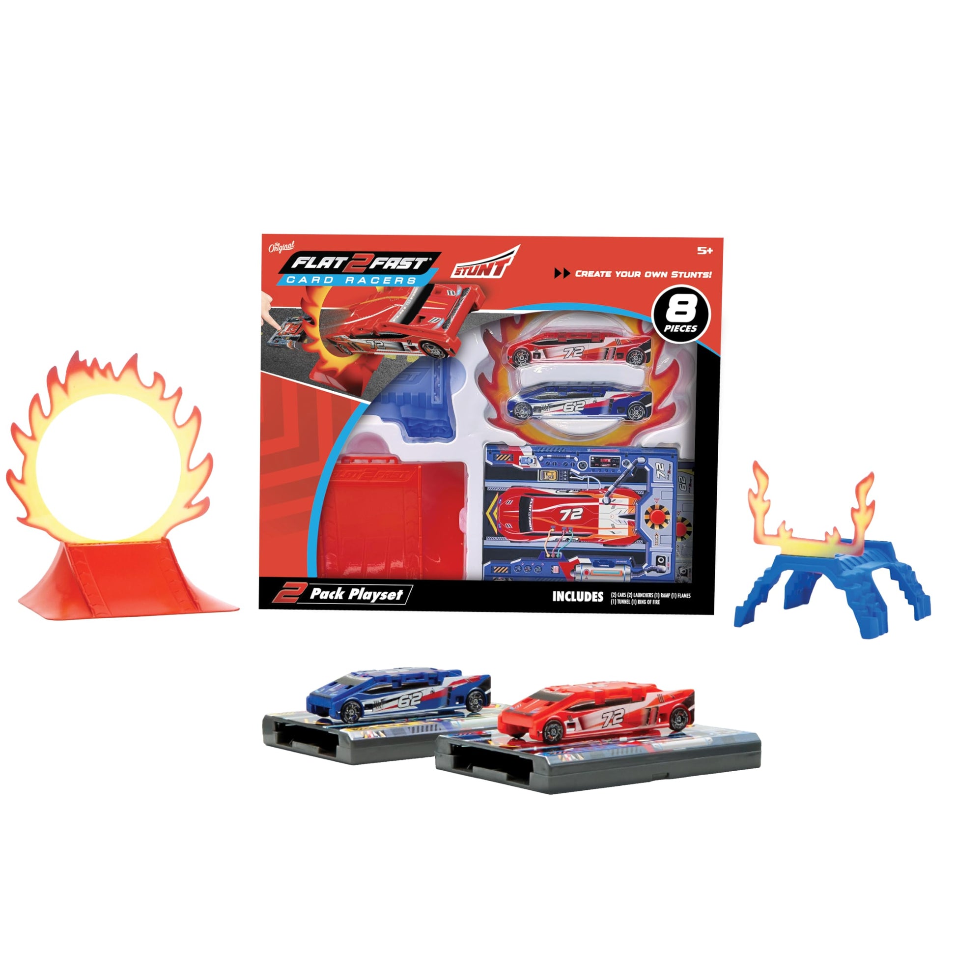 Flat 2 Fast Stunt 2-Pack Playset - All-Inclusive Set with Launch Ramp, Fire Ring, Tunnel & 2 Flat Car Racers - Build Custom Stunts - Ages 5+