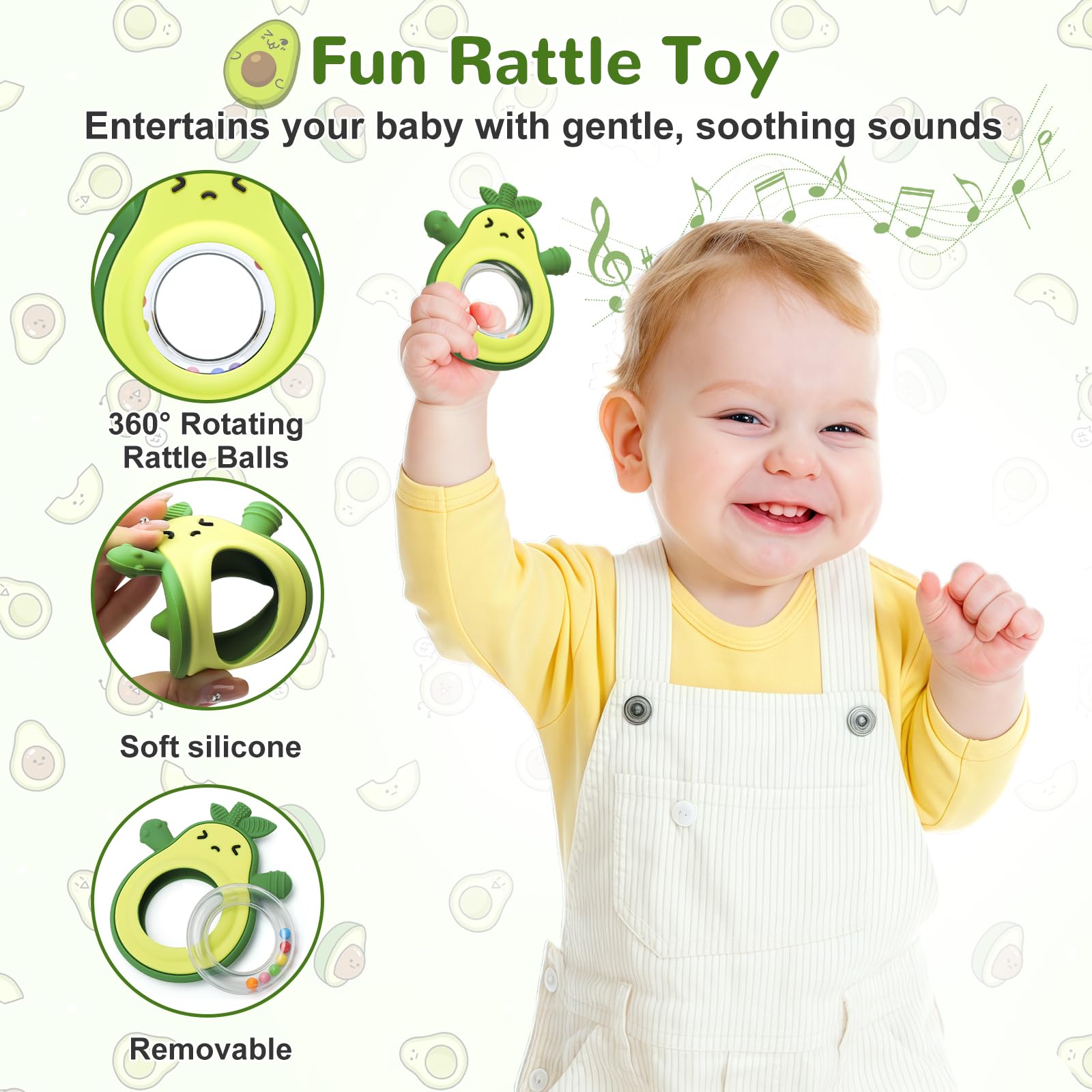 MISSLILI Teething Toy for Babies, Silicone Avocado Shape with Rattle Teether for Infants 0-3-6-12 Months, Sensory Chew Toys Teething Relief for Boys