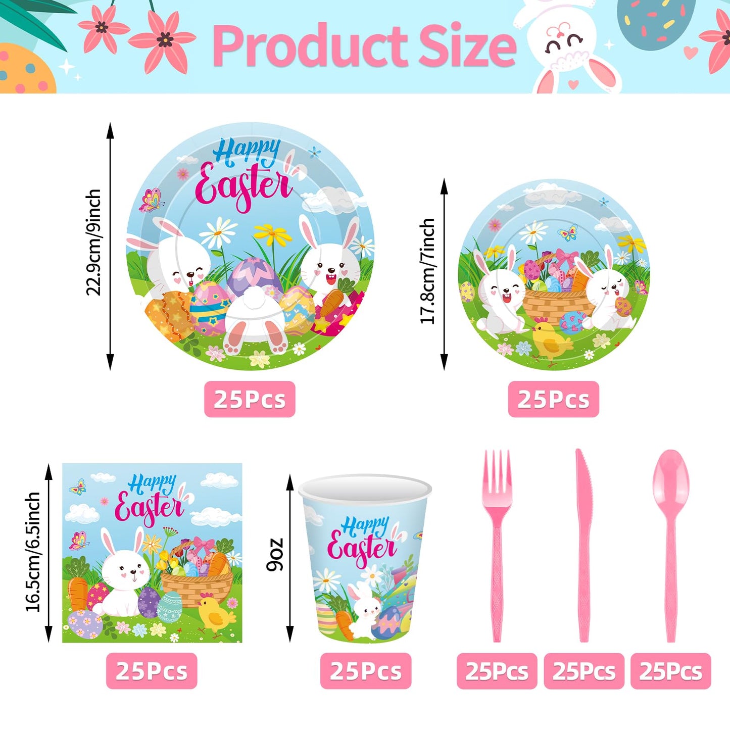 Jremreo 175 Pcs Easter Day Tableware Set - Serves 25, Happy Easter Bunny and Egg Disposable Plates, Cups, Napkins, Forks, Spoons, Knives for Spring