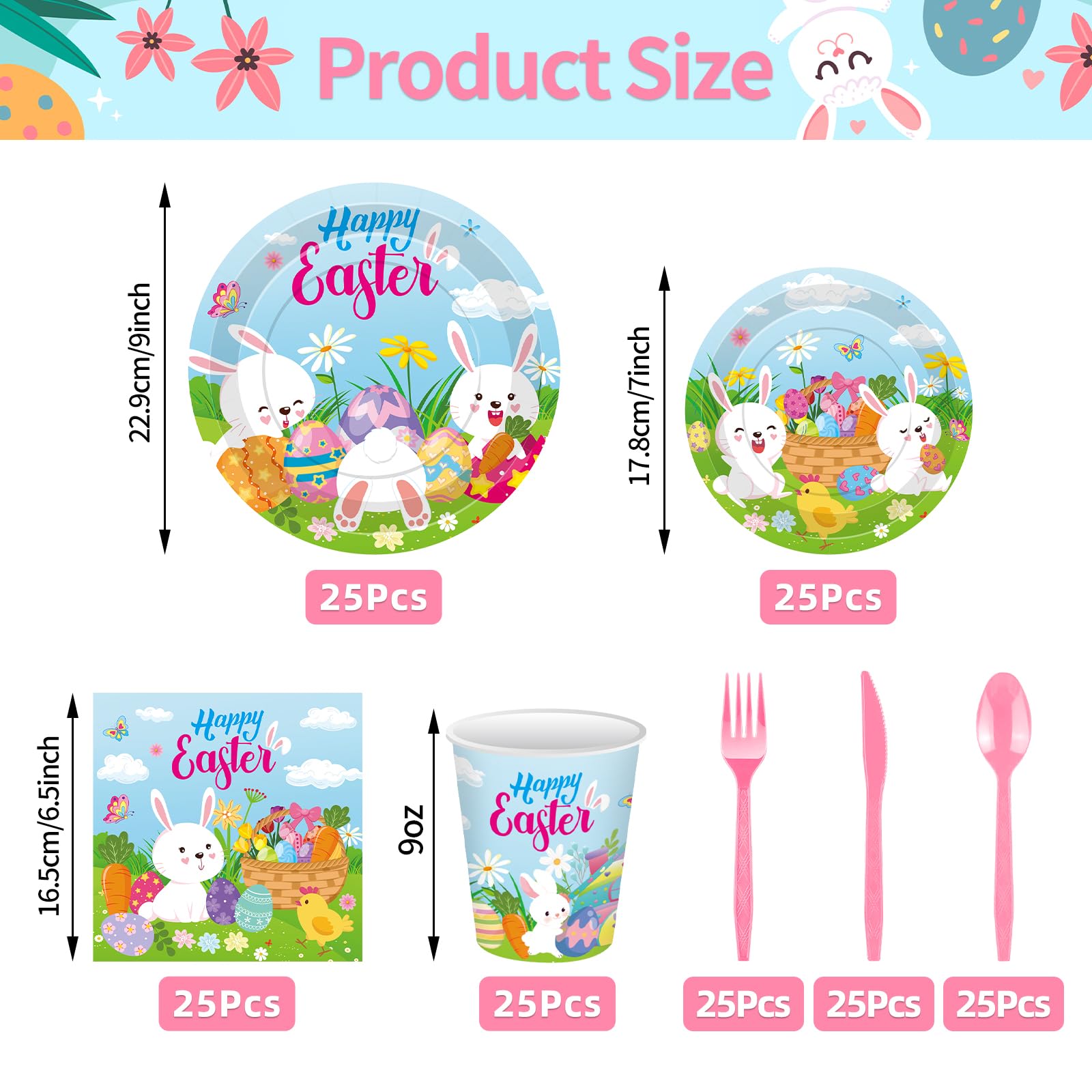 Jremreo 175 Pcs Easter Day Tableware Set - Serves 25, Happy Easter Bunny and Egg Disposable Plates, Cups, Napkins, Forks, Spoons, Knives for Spring