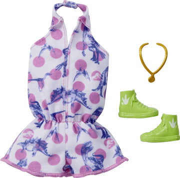 Barbie Doll Clothes Inspired by Jurassic World: Dominion, Complete Look, 2 Accessories, Shorts Romper with Pink Polka Dot & Dinosaur Print, Lime Green