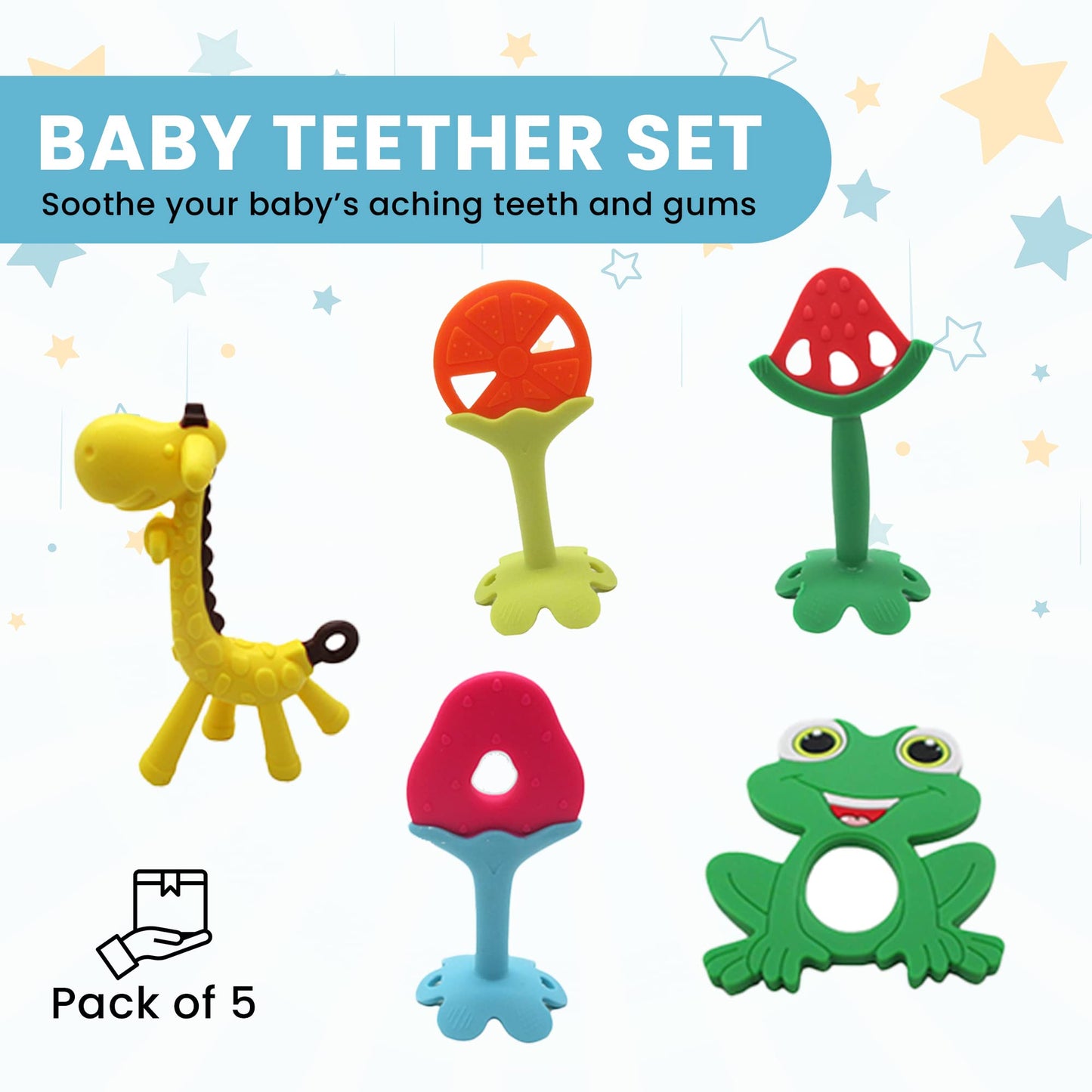 Gadgetime USA Silicone Baby Teether (Pack of 5) - Animal Toys for Babies, Toddlers, Girls & Boys - Stimulating & Soft Soothing - BPA Free - Assorted