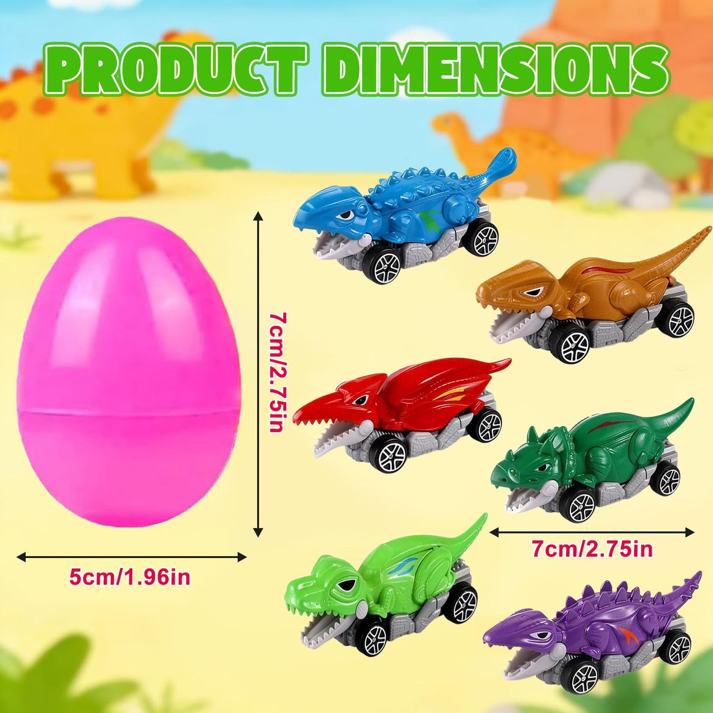Dufricen 6 Pack Prefilled Easter Eggs with Metal Dinosaur Car Toys Vehicles Set for Toddlers Kids Easter Egg Fillers Hunt Basket Stuffers Party Favors
