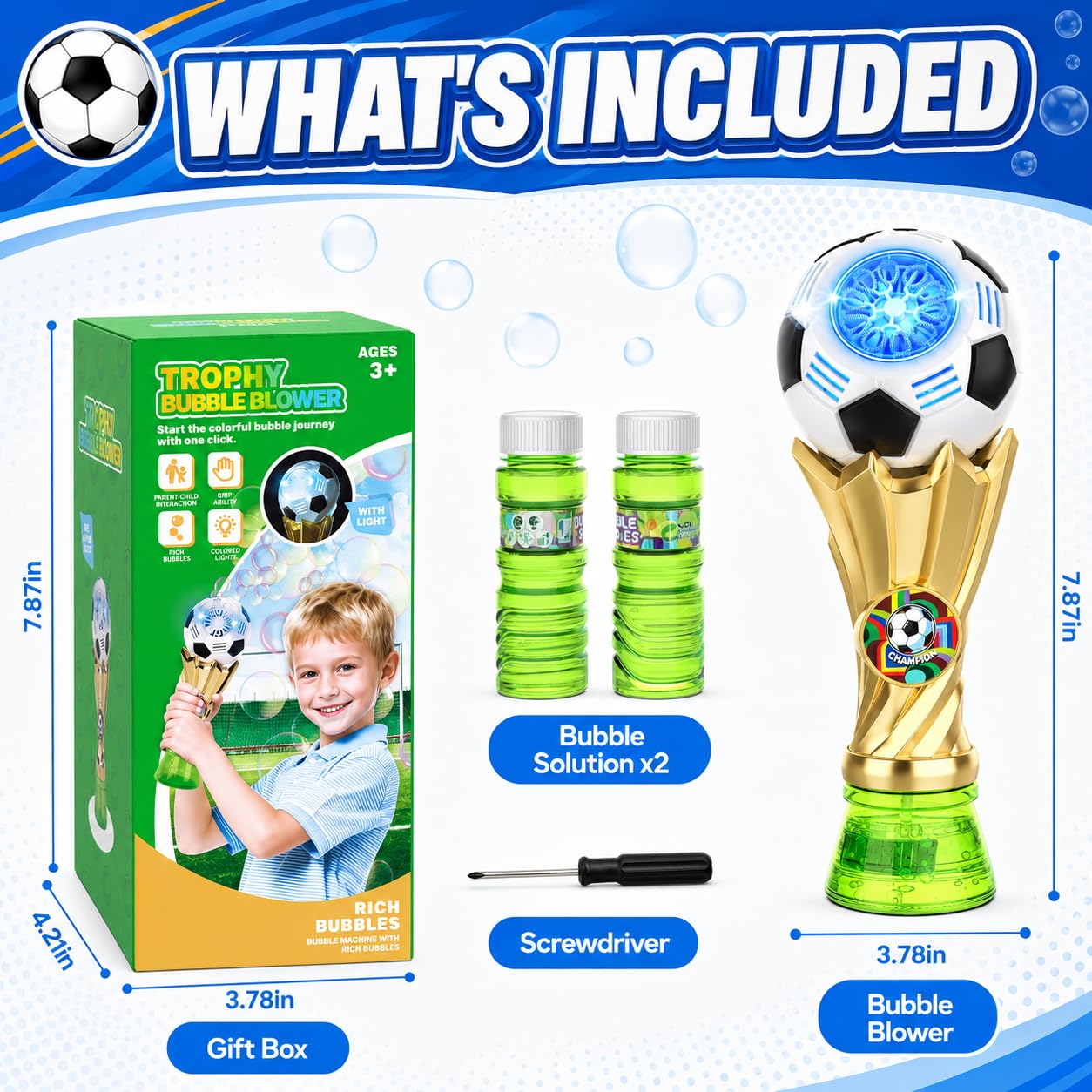 Bubble Wands for Kids - Light up Bubble Wands with 2 Solutions, Outdoor Toys for Kids Ages 3-5 4-8, Soccer Toys for Boys, Birthday Party Gift for 3 4