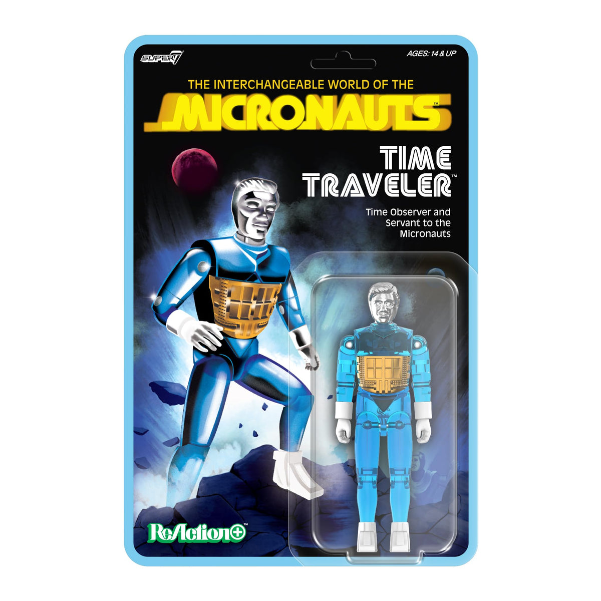 Super7 Reaction+ Micronauts Time Traveler (Translucent Blue) - 4" Micronauts Action Figure with Accessories - Classic Sci-Fi Collectibles and Retro