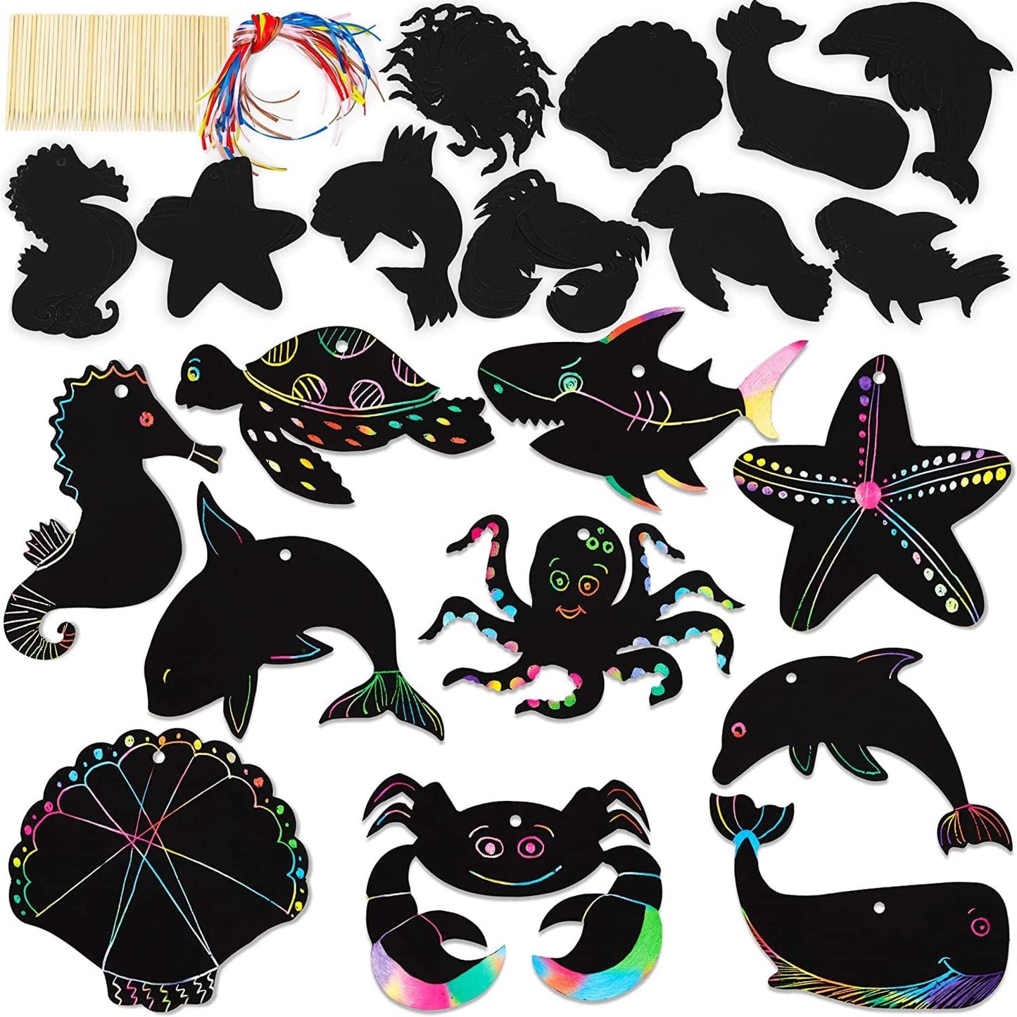 Bright Creations Rainbow Scratch Paper Ocean Animal Ornaments - DIY Doodling Kids Craft Activity - Pack of 50, 5 x 6 in, 10 Designs