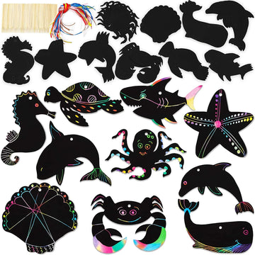 Bright Creations Rainbow Scratch Paper Ocean Animal Ornaments - DIY Doodling Kids Craft Activity - Pack of 50, 5 x 6 in, 10 Designs