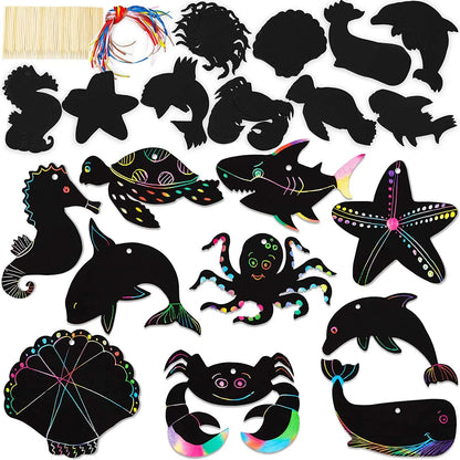 Bright Creations Rainbow Scratch Paper Ocean Animal Ornaments - DIY Doodling Kids Craft Activity - Pack of 50, 5 x 6 in, 10 Designs