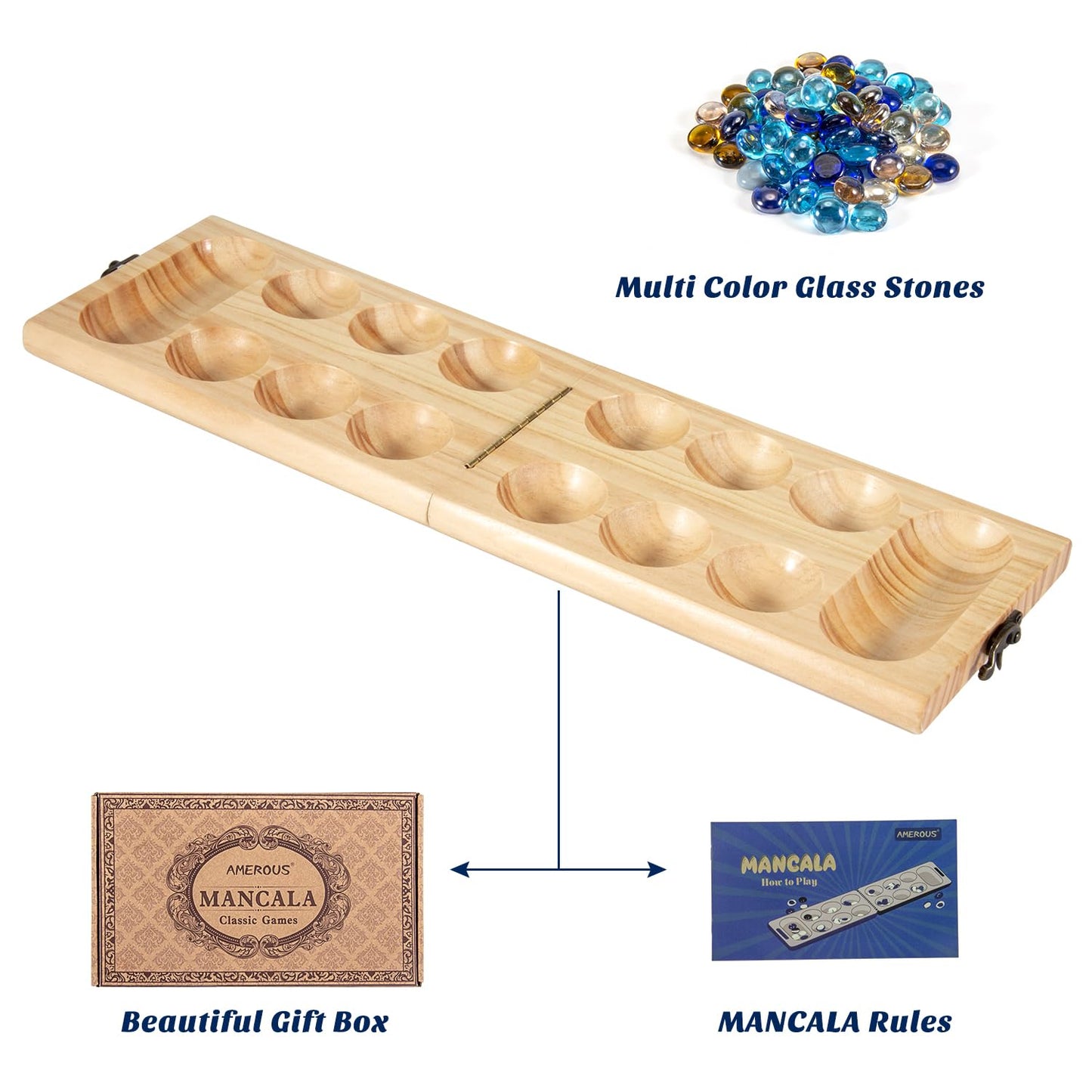 AMEROUS Wooden Mancala Board Game Set - Folding Board - Multi Color Glass Stones - Gift Package - Mancala Instructions, Portable Travel Board Game