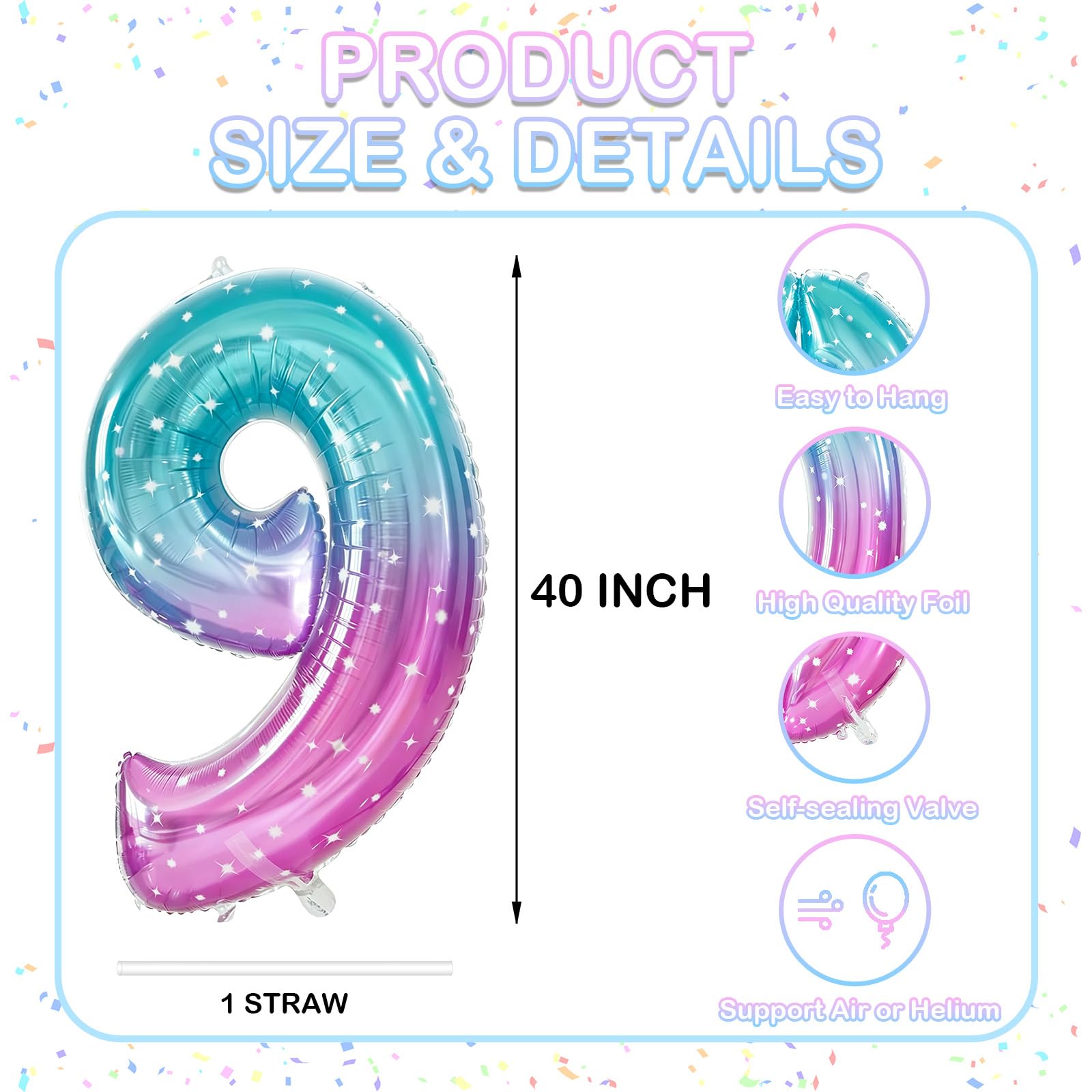 Gifloon Number 9 Balloon, Large number balloons 40 inch, 9th Birthday Party Decorations Supplies 9 Year Old Birthday Sign Decor