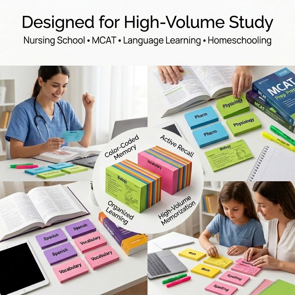 Mini Flash Cards 1000 Pack, Neon Study Cards for Active Recall, USA Made