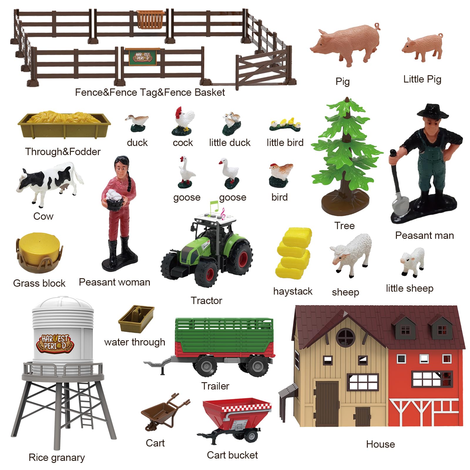 lonfypeng 109PCS Farm Animals Toys Set Comes with Barn, Rice Storehouse, Rice Trolley with Lights & Sounds, Milking shed, Farmer, Fence - Playset