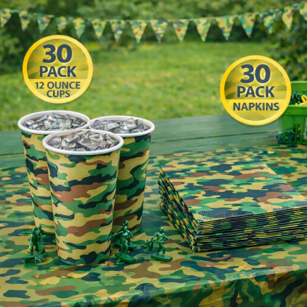 Oojami Camouflage Party Supplies for 30 Guests - Camo Birthday Decorations Set with 9" Dinner Plates, 7" Dessert Plates, 12 oz Cups, 3-Ply Napkins