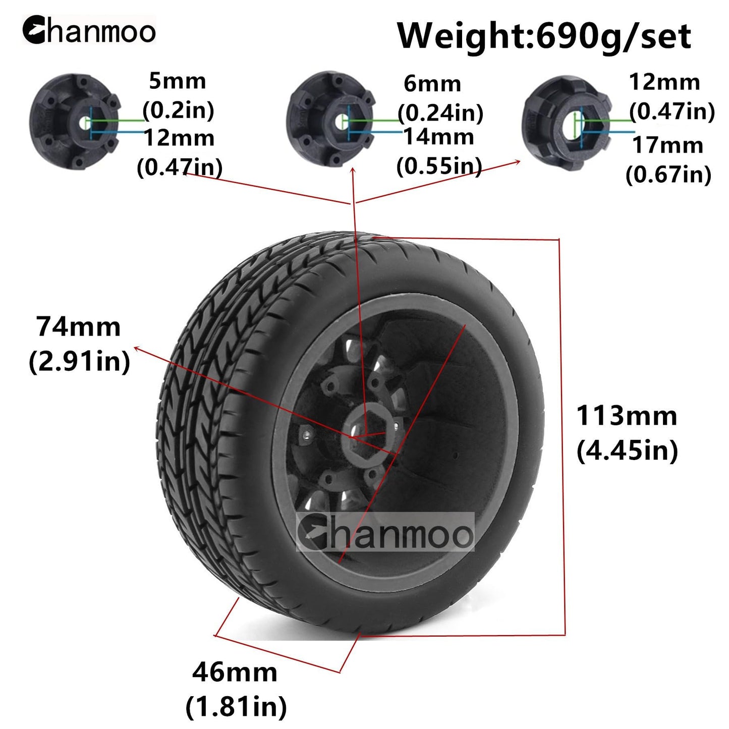 Chanmoo 1/10 RC Short Course Truck Tires And Wheels With 12mm 14mm 17mm Hex 113mm 1/8 Rubber Tyres For 1/8 or 1/10 Scale On Road Car HSP Sonic 94102