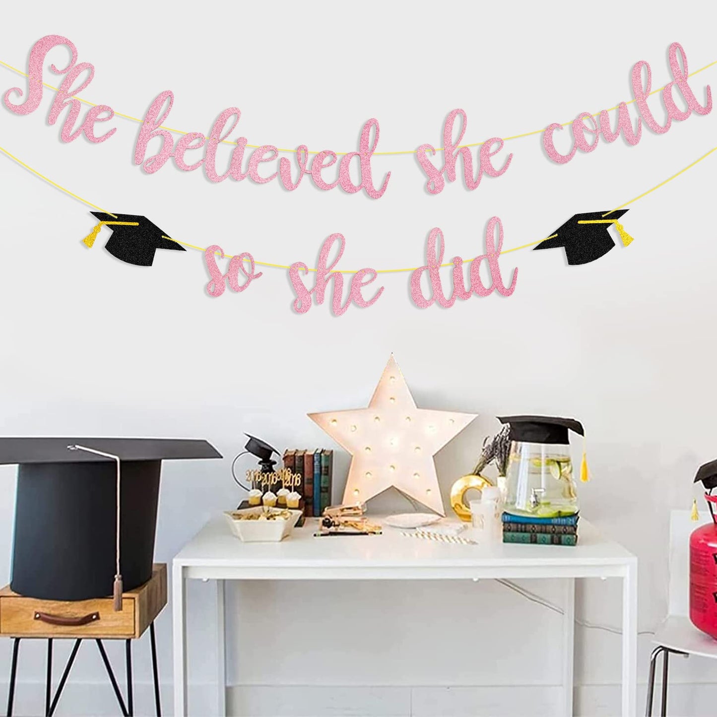 She Believed She Could So She Did Banner Decorations - Pink Glitter She Did It 2024 Garland Graduation Bunting Banner, Congrats Grad Photo Backdrop