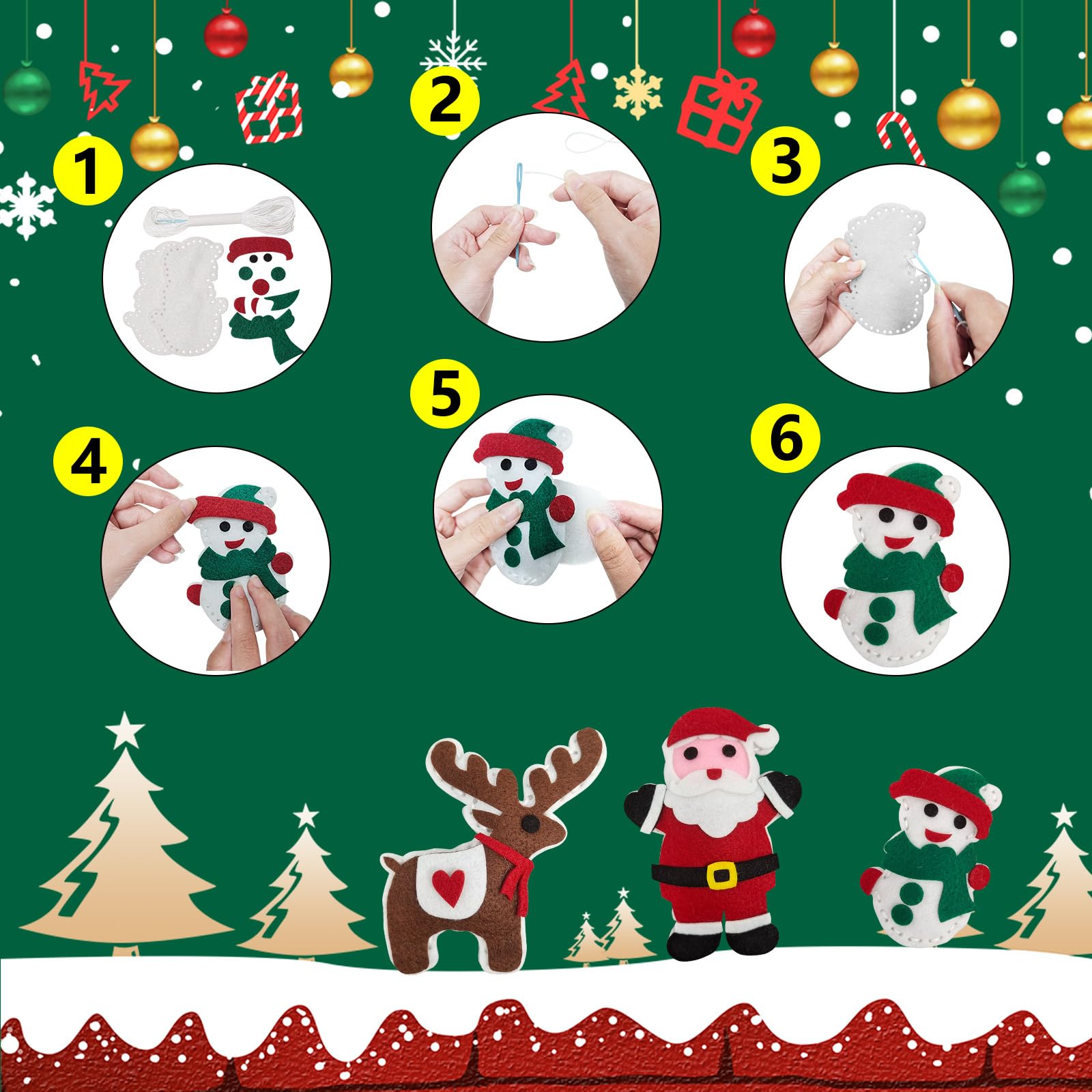 Jtnohx Sewing Kit for Kids, Felt Christmas Ornaments Set, 5 Sets DIY Craft Kits - Christmas Deer, Santa Claus, Snowman, Heart, Christmas Tree Decor