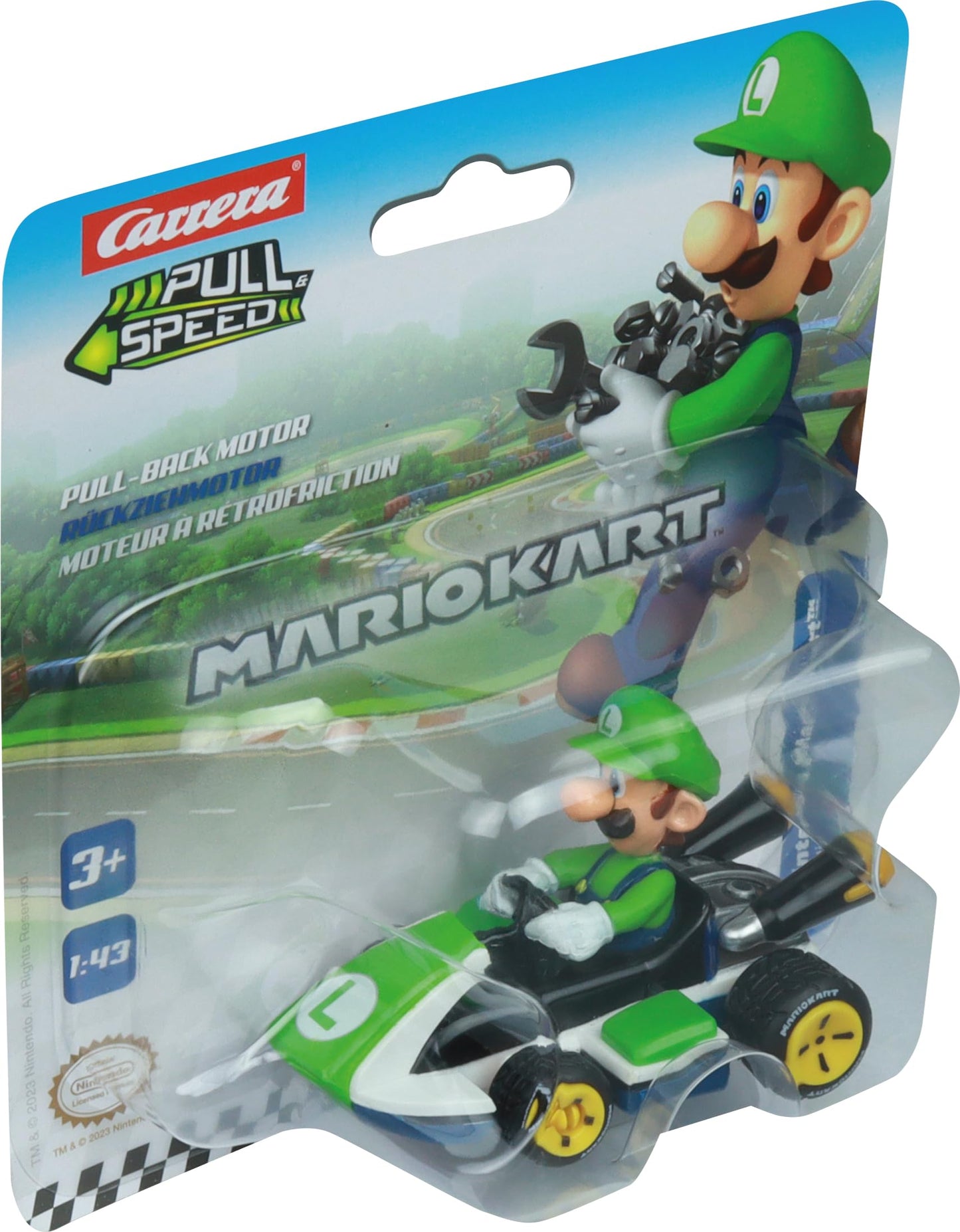 Carrera Pull & Speed 15818405 Official Licensed Kids Mario Kart Toy Car Pull Back Vehicle for Ages 3 and Up - Luigi