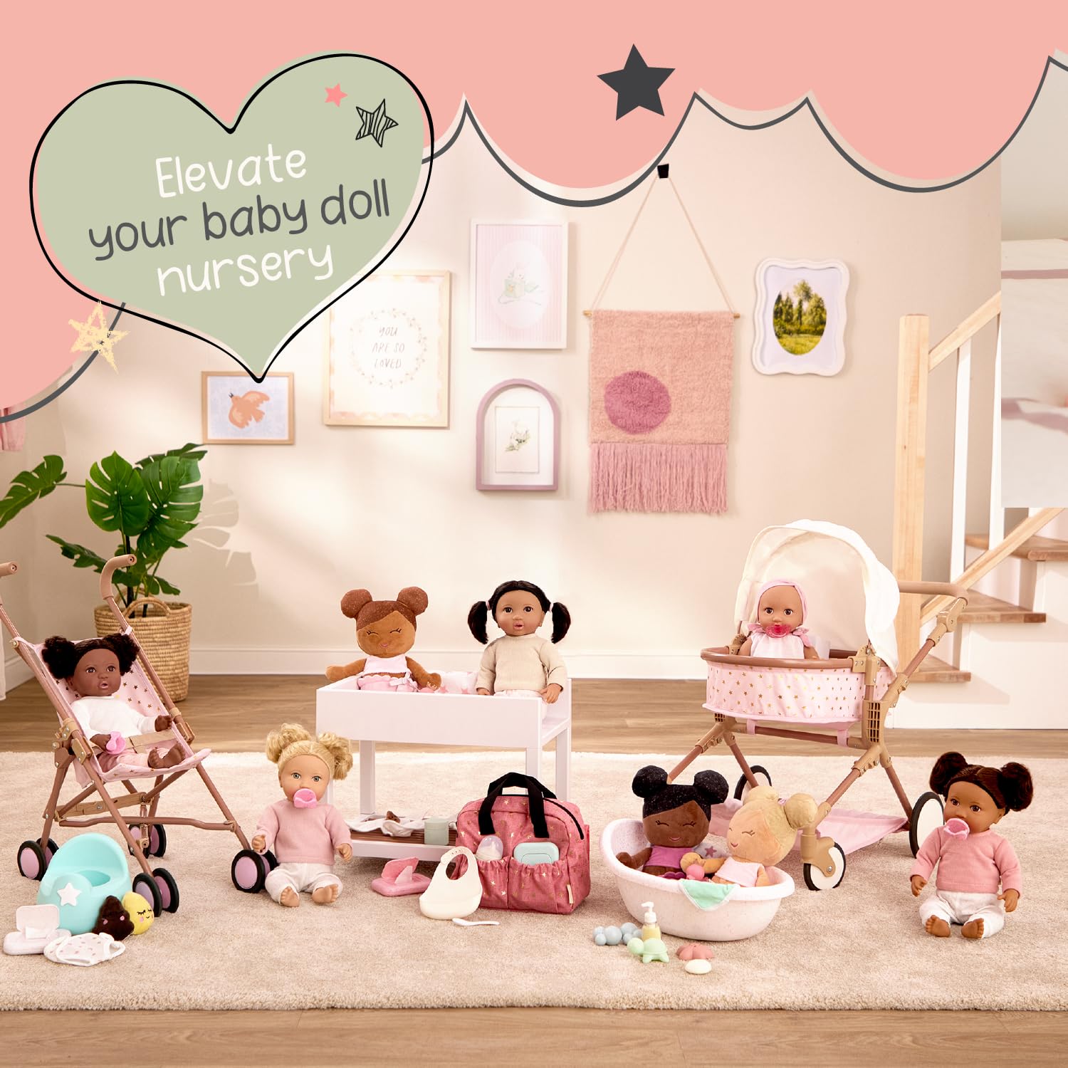 LullaBaby Bath Dolls Set, 3 Soft Plush Water Play Dolls with Basket