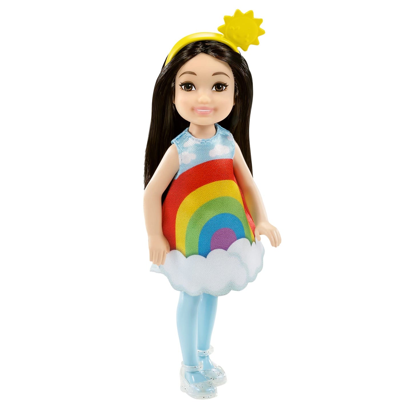 Barbie Chelsea Doll, 6-Inch Brunette Doll with Sun Headband, Rainbow Outfit, Pet Kitten, Charm Keychain & Accessories