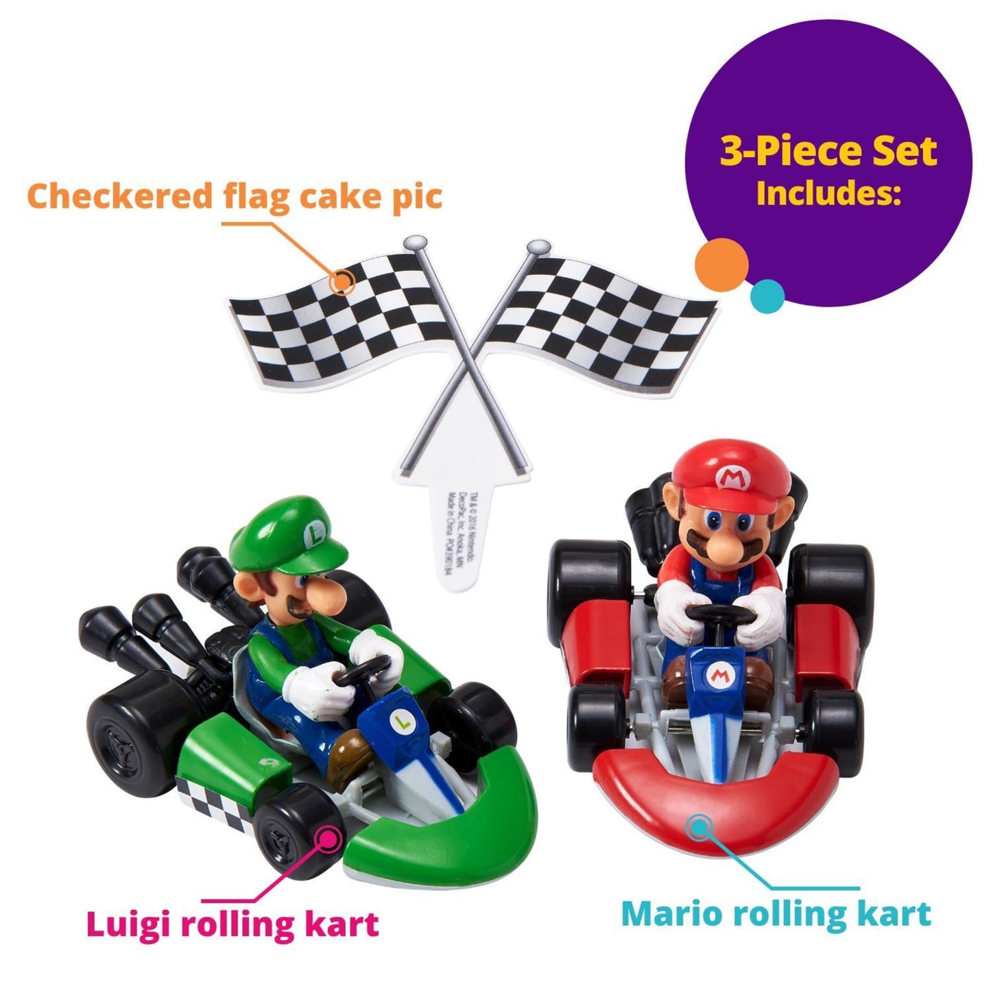 DecoSet® Mario Kart™ Cake Topper, 3 Piece Cake Decoration with Race Kart Toppers & Checkered Flag Decoration, Collectible Character Karts for Hours