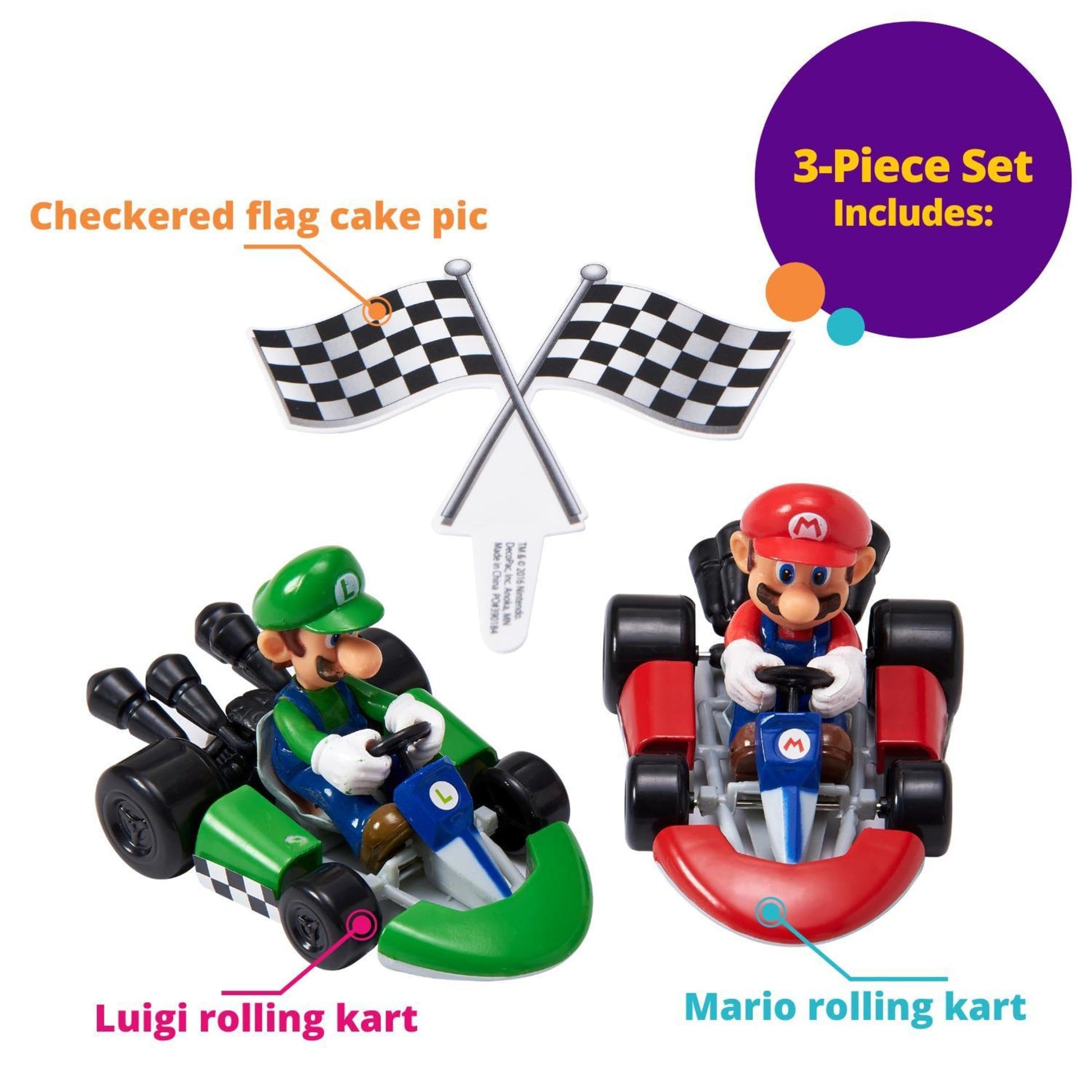 DecoSet® Mario Kart™ Cake Topper, 3 Piece Cake Decoration with Race Kart Toppers & Checkered Flag Decoration, Collectible Character Karts for Hours