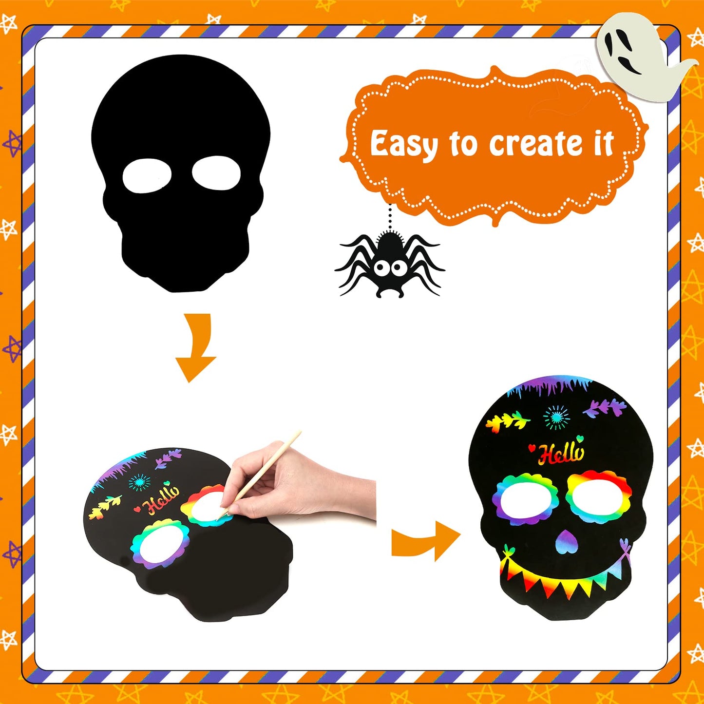 MGparty 24PCS Halloween Scratch Masks Craft Kit Rainbow Magic Scratch Paper Art for Kids Classroom Activities Birthday Party Favors School Art DIY