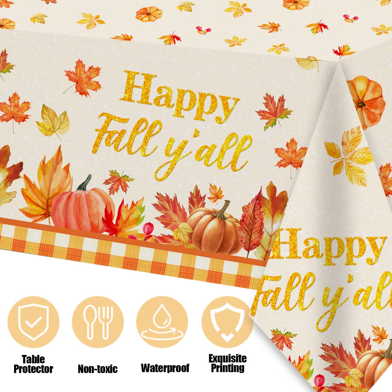 Fall Party Decorations 3PCS Happy Fall Y'all Tablecloth Autumn Pumpkin Maple Leaves Plastic Table Cloths for Fall Harvest Thanksgiving Party Supplies