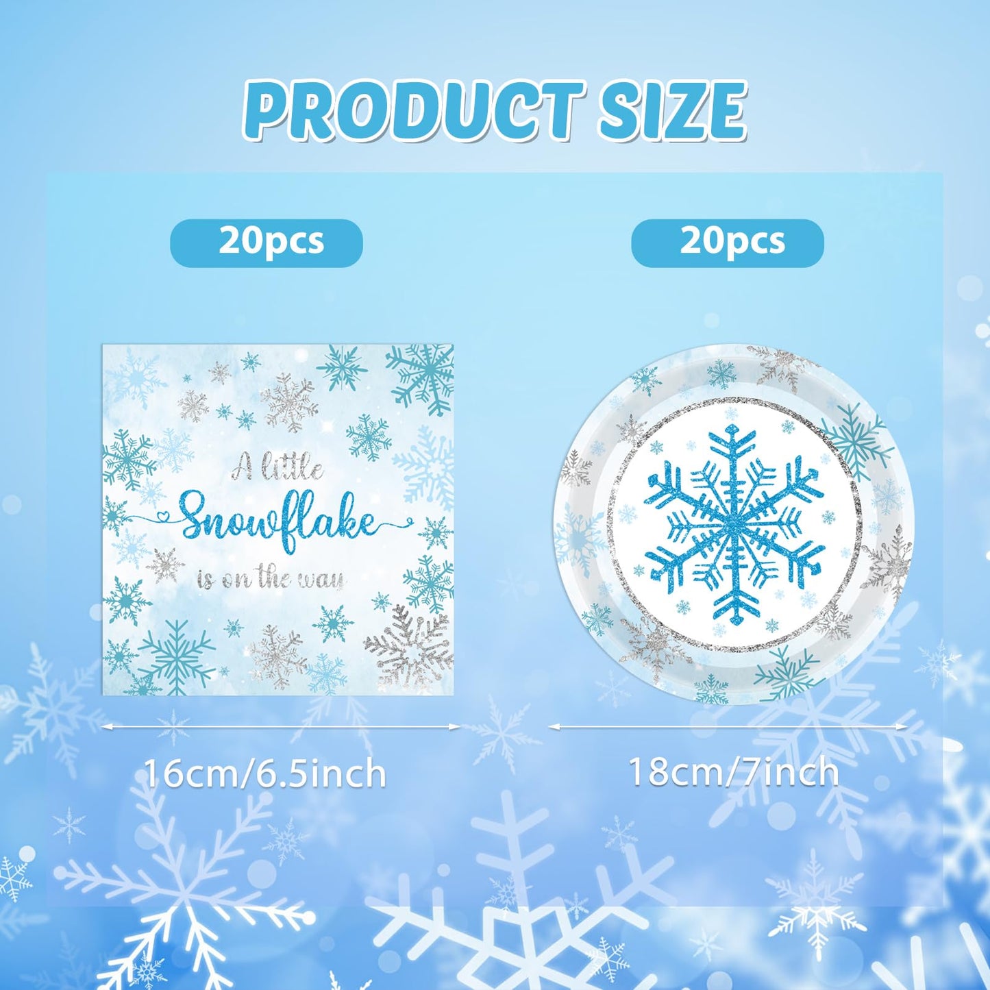 KHAIVI 40PCS Blue Snowflake Party Supplies Winter Wonderland Birthday Party Supplies Tableware Set Including Blue and Silver Snowflake Plates Napkins