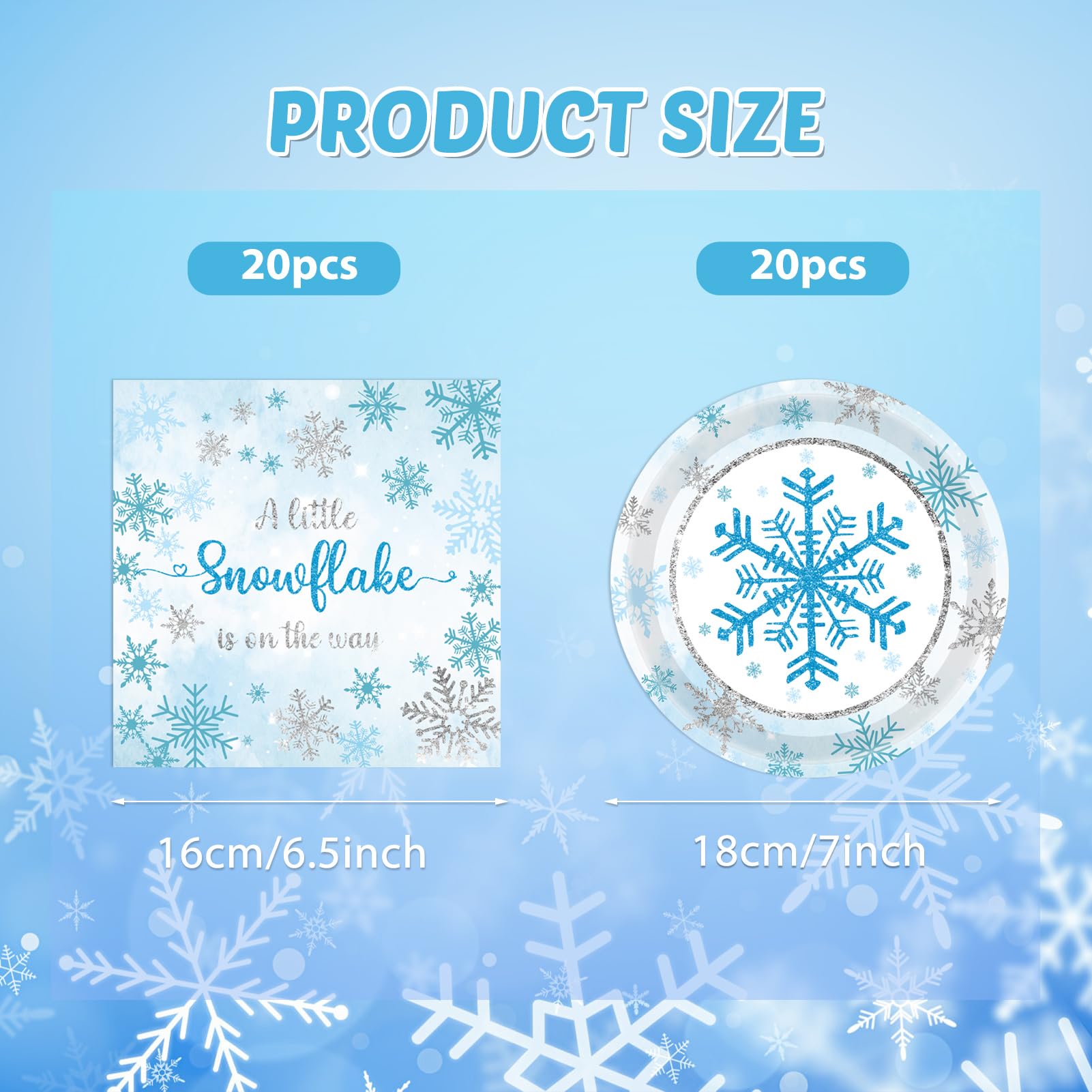 KHAIVI 40PCS Blue Snowflake Party Supplies Winter Wonderland Birthday Party Supplies Tableware Set Including Blue and Silver Snowflake Plates Napkins