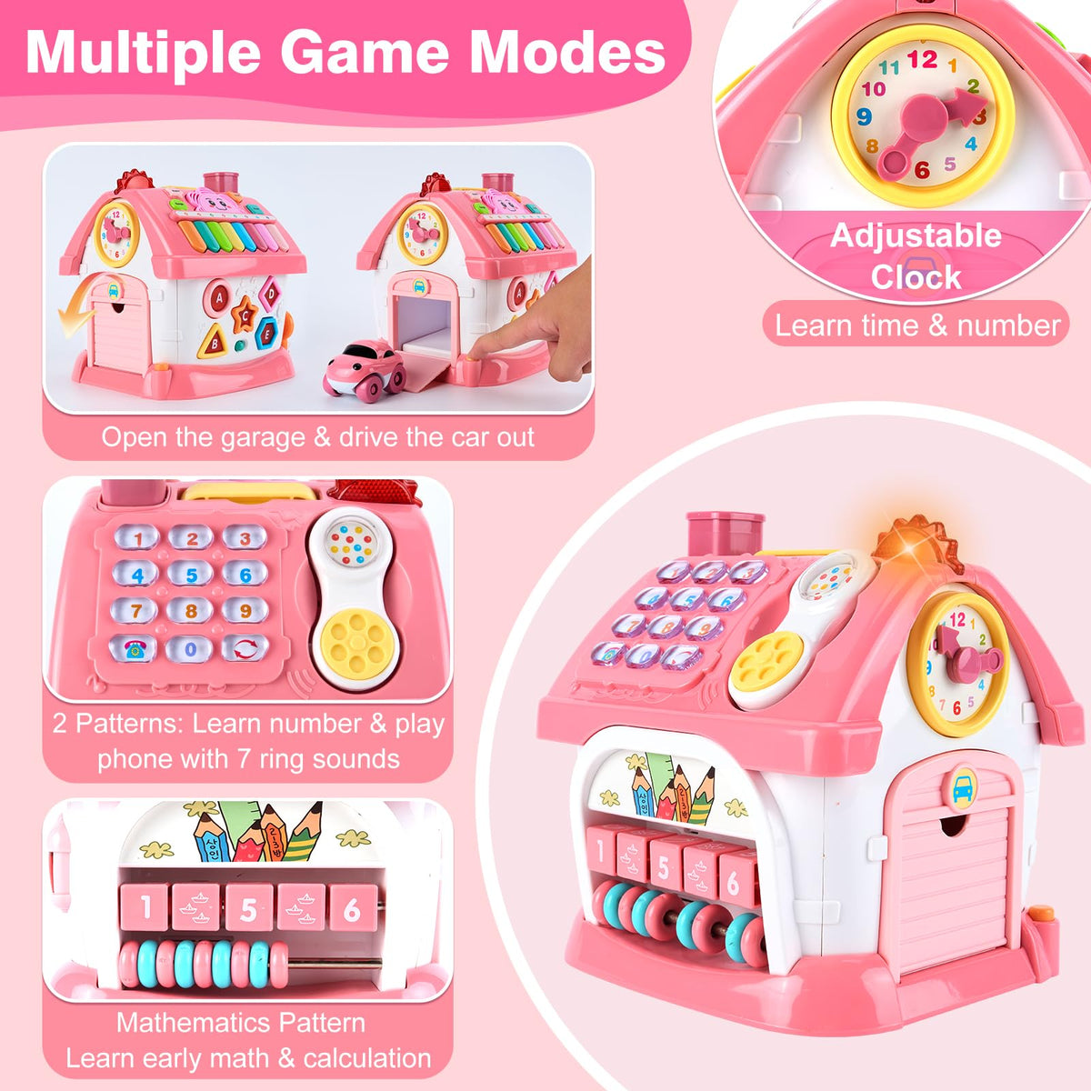 Toddler Girl Toys for 1 Year Old, Montessori Toys for 1 Year Old Girl Birthday Gift, 8 In 1 Pink Baby Musical Learning House with Sound Light Music