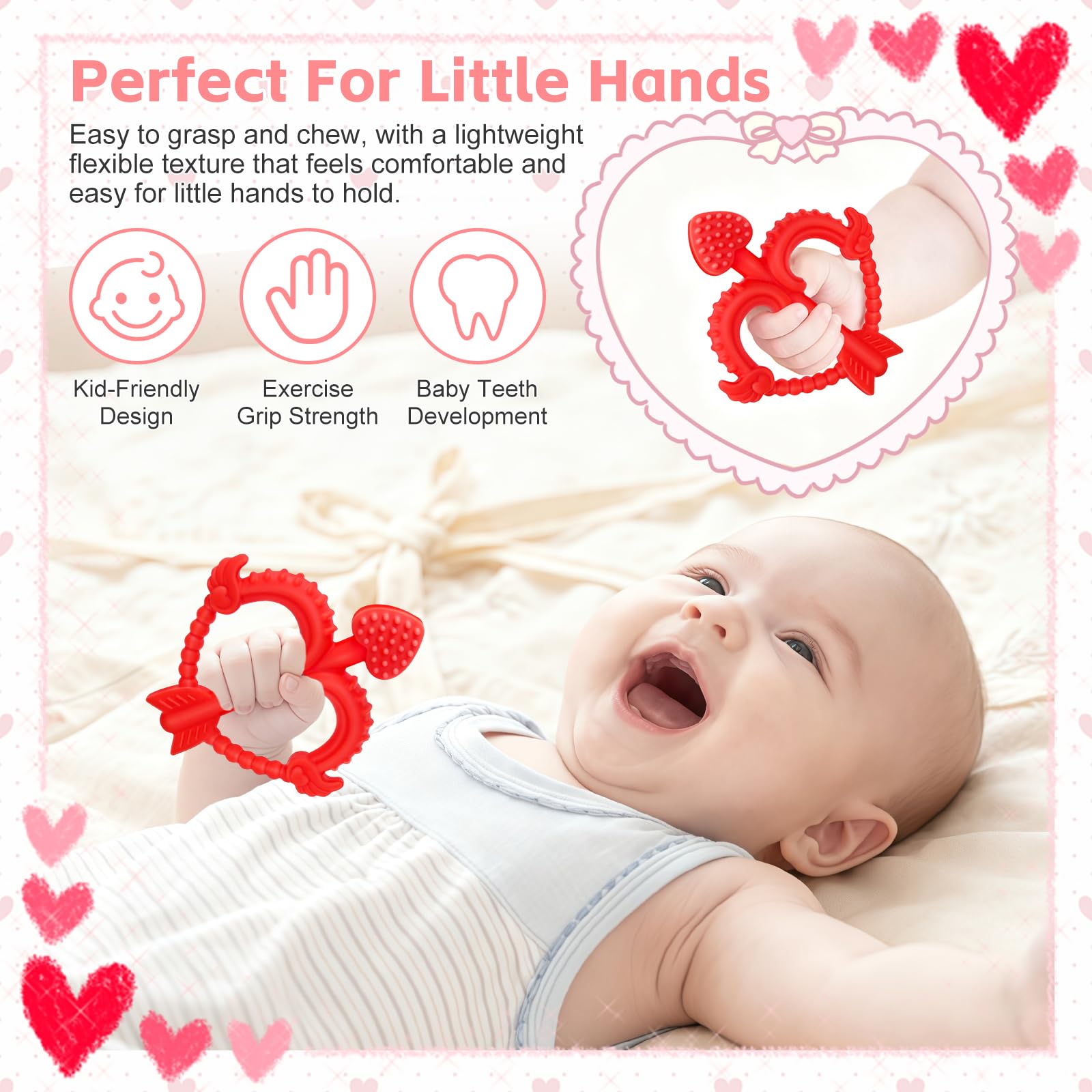 Valentines Heart Baby Teething Toys for Babies 0-36 Months, Easy for Little Hands to Hold,Cupid Bow and Arrow Soft Teether Toy, Surface texture