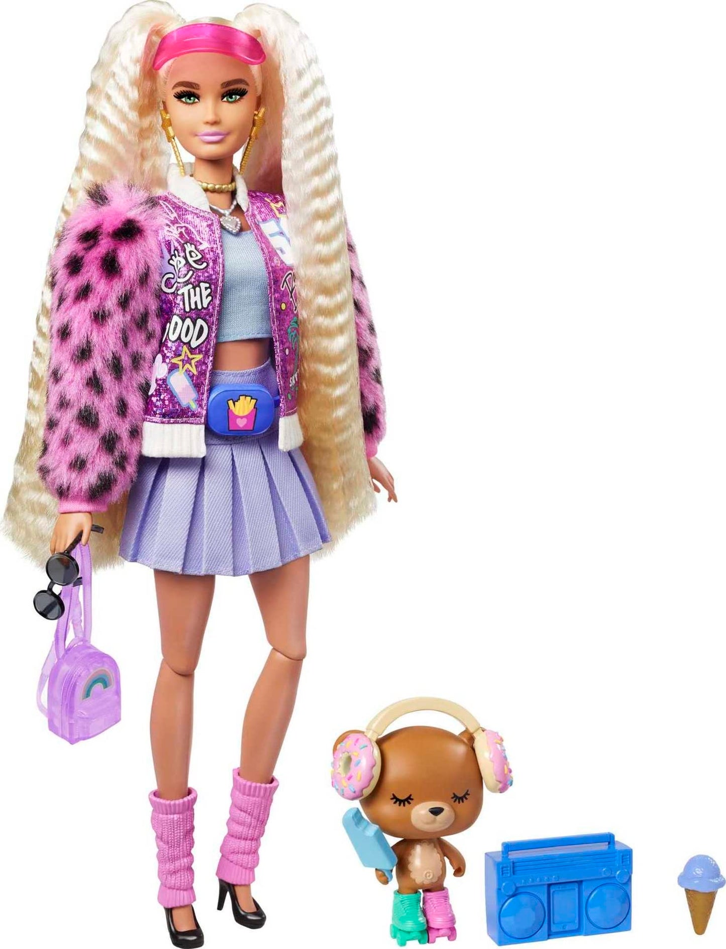 Barbie Extra Doll & Accessories with Extra-Long Crimped Pigtails in Pink Sparkly Varsity Jacket with Pet Teddy Bear