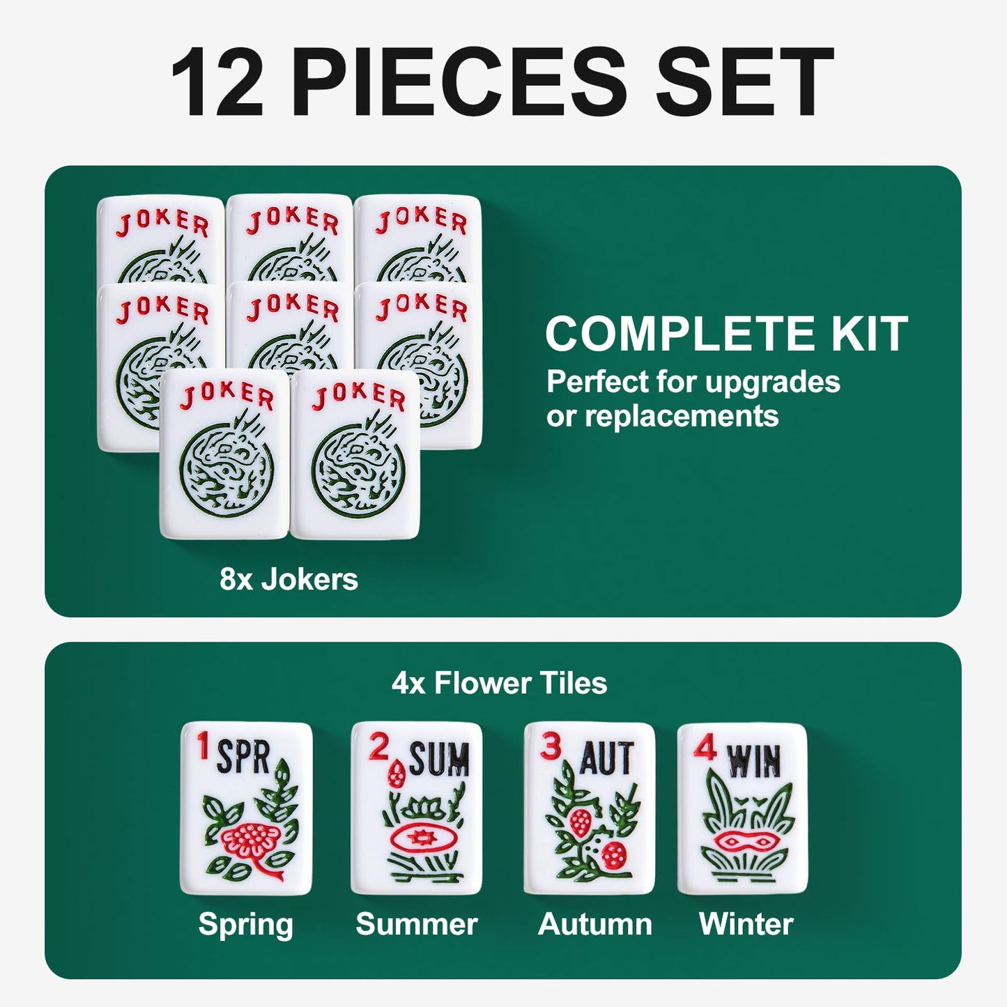 Eccentfit 12 Pieces Mahjong Replacement Tiles Set 8 Jokers & 4 Flowers (1-4 Spring Summer Autumn Winter) Classic White Standard Size (1.2”) Deep