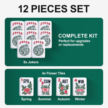 Eccentfit 12 Pieces Mahjong Replacement Tiles Set 8 Jokers & 4 Flowers (1-4 Spring Summer Autumn Winter) Classic White Standard Size (1.2”) Deep