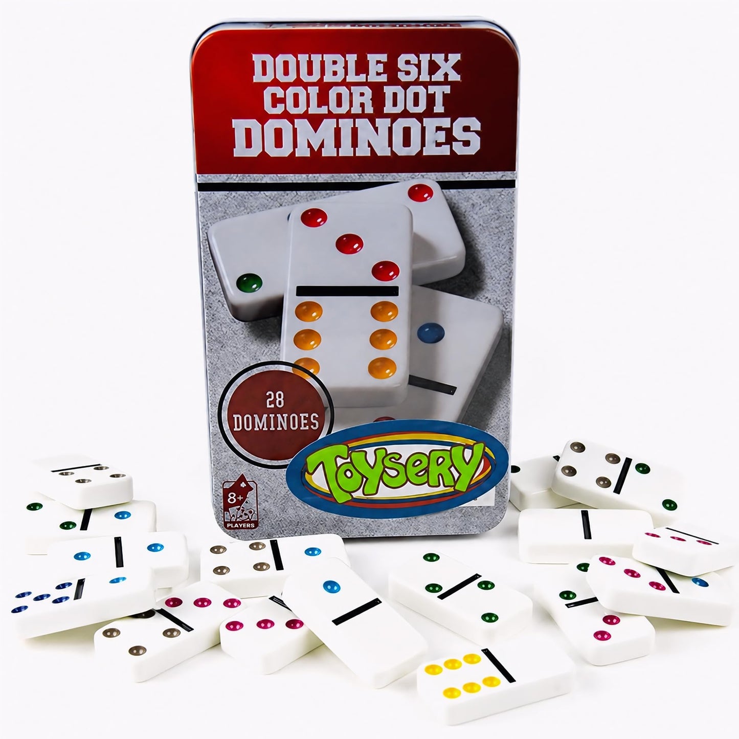 Toysery Double 6 Dominoes Set with Colored Dots. 28 Piece Set White Dominos for Kids with Tin Case. Educational Game Set