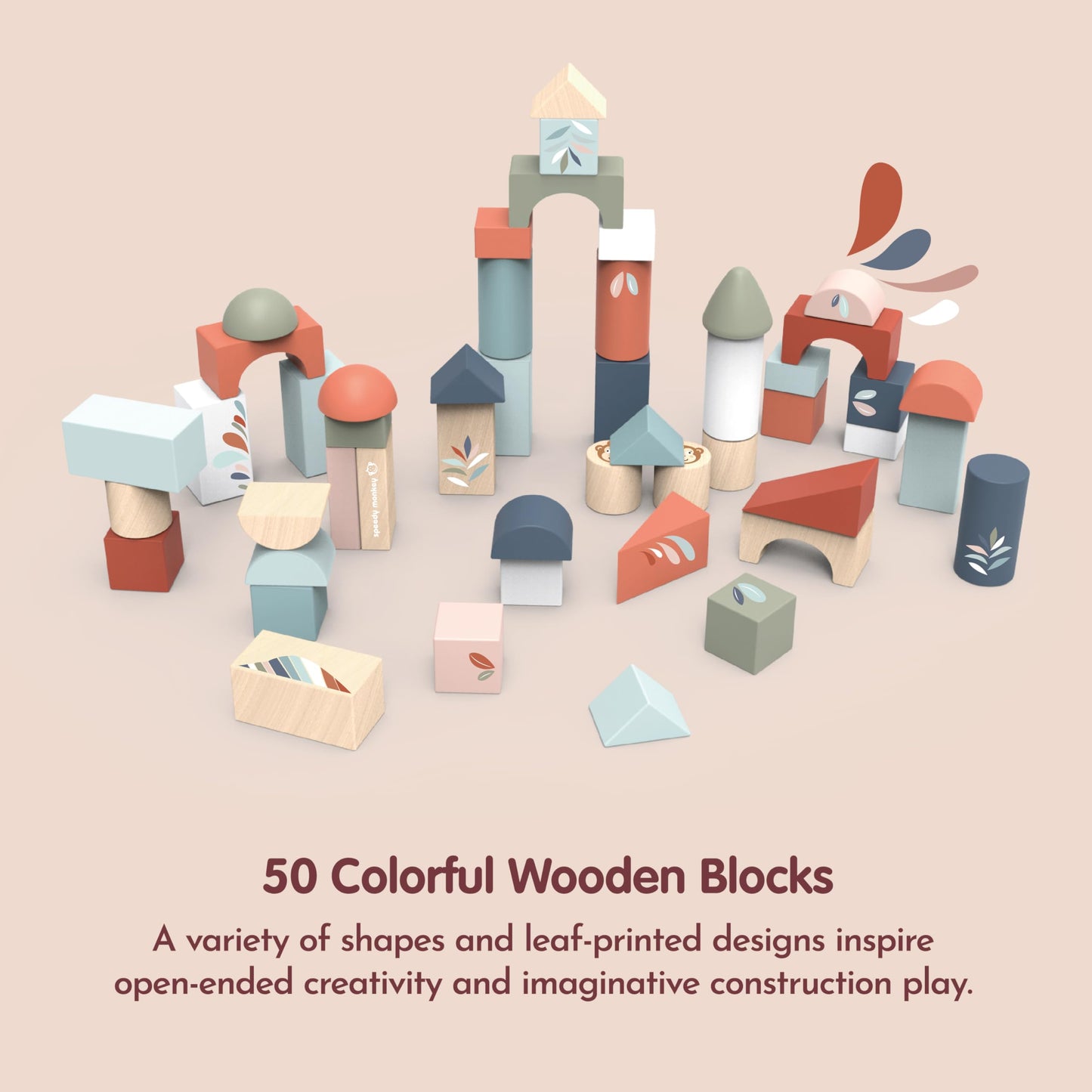 SPEEDY MONKEY Wooden Building Blocks Set 50 Pieces STEM Learning Toy