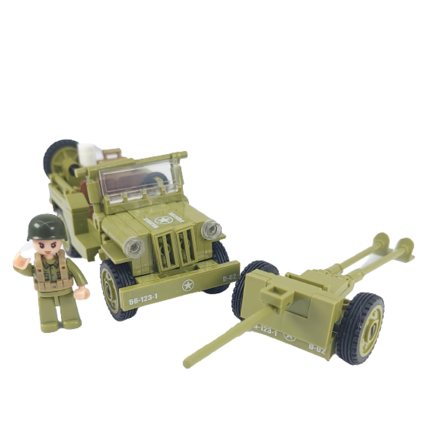 General Jim's WW2 US Army 4x4 Vehicle & Artillery Set Army Green Military Trucks with Tow Cannons, 2 Figures & Custom Weapons Brick Building Set